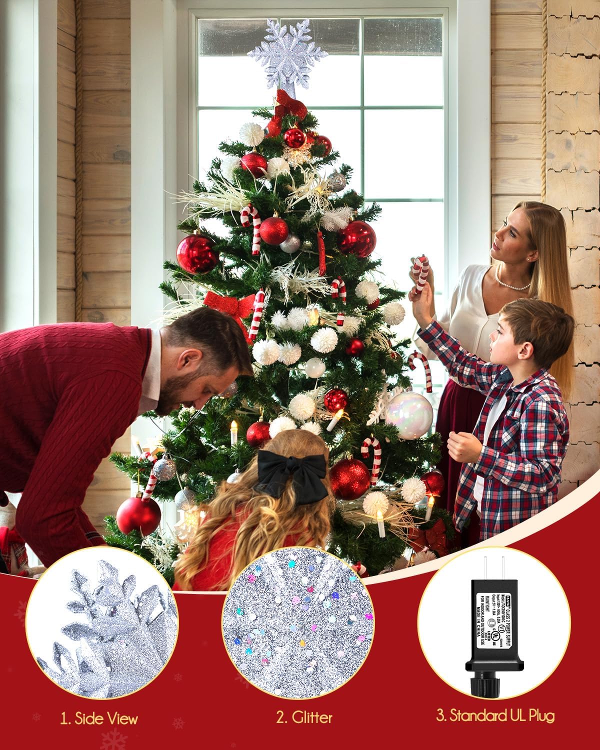 Christmas Tree Topper Lighted with Built-in Led Rotating Snowflake Projector Lights, 9.6” Hollowed Tree Topper with Silver Spangles Plug In for Indoor Home Xmas New Year Party Holiday Night Tree Decor
