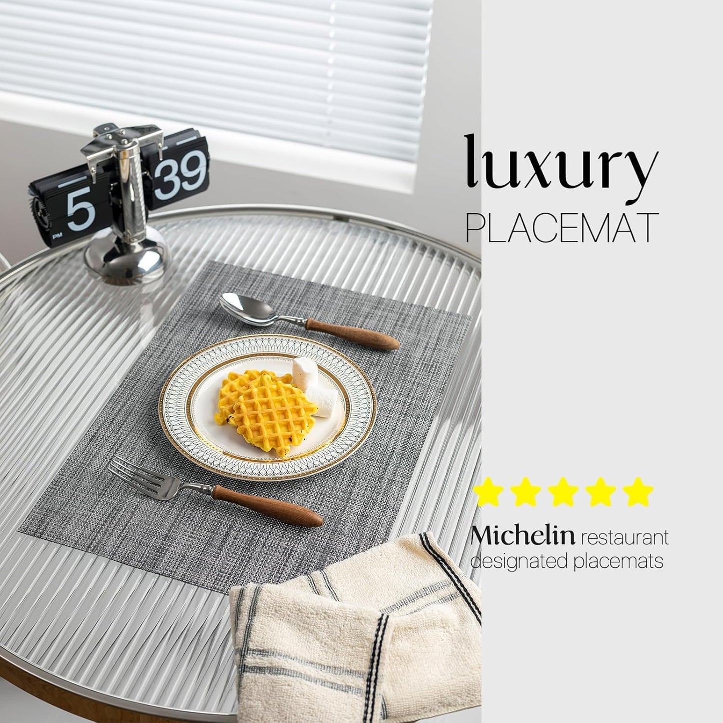 LEXMORE Placemats Set of 4 Vinyl/Plastic Woven Place Mats for Kitchen Table Indoor/Outdoor Washable Placemat Wipeable Dining Table Mats(A-Dark Gray)