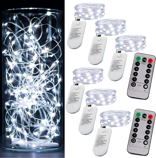 6 Pack Fairy Lights Battery Operated Mini String Lights with Timer 2PCS Remote 6.5ft 20LED Cool White Firefly Lights Waterproof Silver Wire Twinkle Lights DIY Mason Jar Wedding Party Christmas Decor