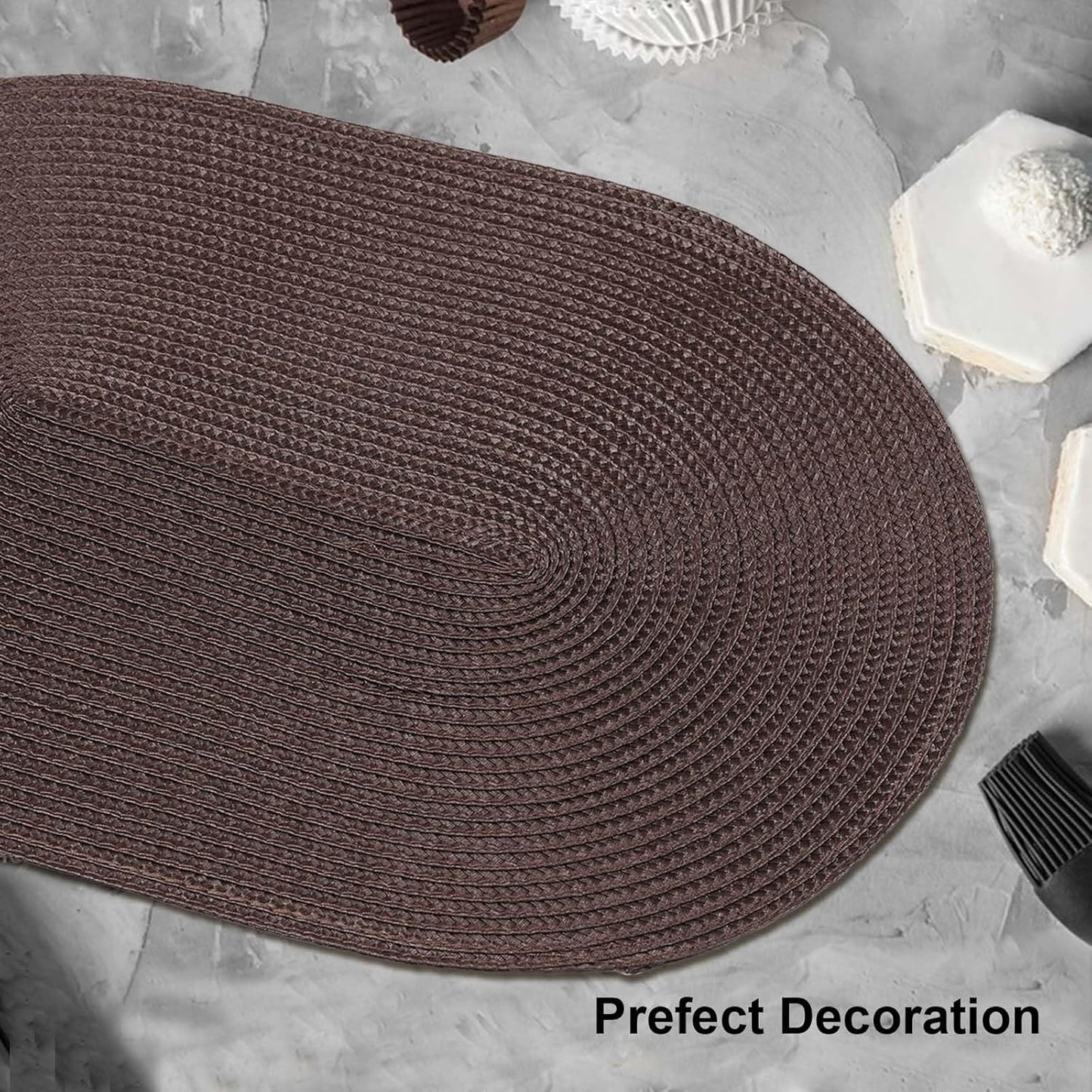 AHHFSMEI Placemats Set of 8 for Dining Table Washable Woven Vinyl Non-Slip 18x12 inches Placemat Heat-Resistant Durable Table Mats for Dining Table Easy to Clean (Oval Brown, 8)