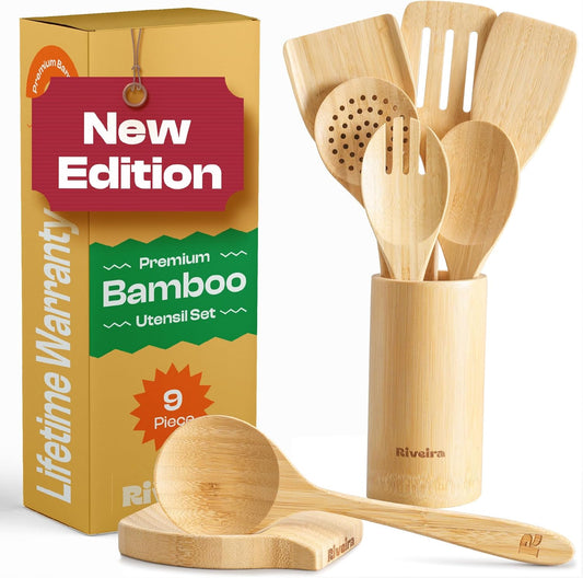 Riveira Natural Bamboo Wooden Cooking Utensils Set of 9 Premium Quality Non-Toxic Wooden Spoons and Spatulas for Cooking