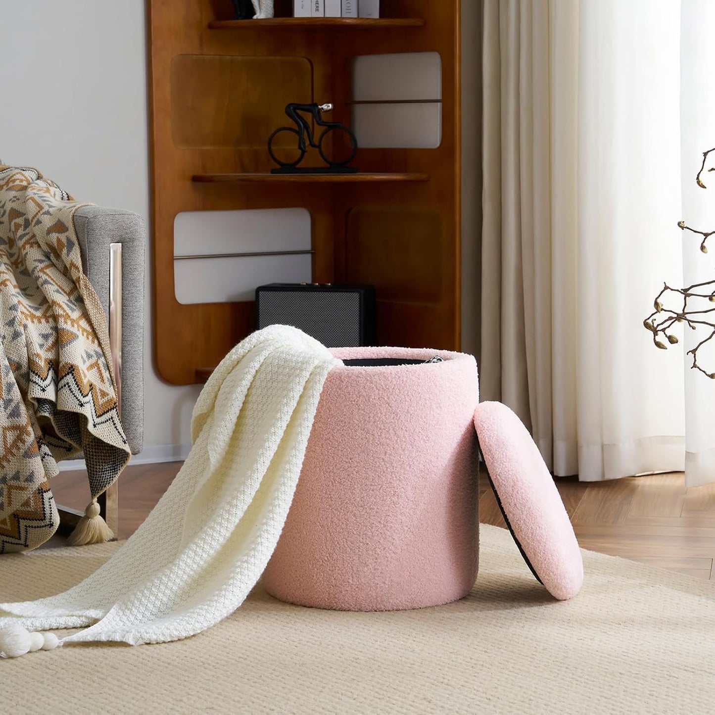 YFO Round Ottoman with Removable Lid Upholstered, Multifunctional Vanity Chairs for Makeup, Soft Footrest Stool Ottoman Foot Stool for Living Room, Bedroom, Boucle, Pink