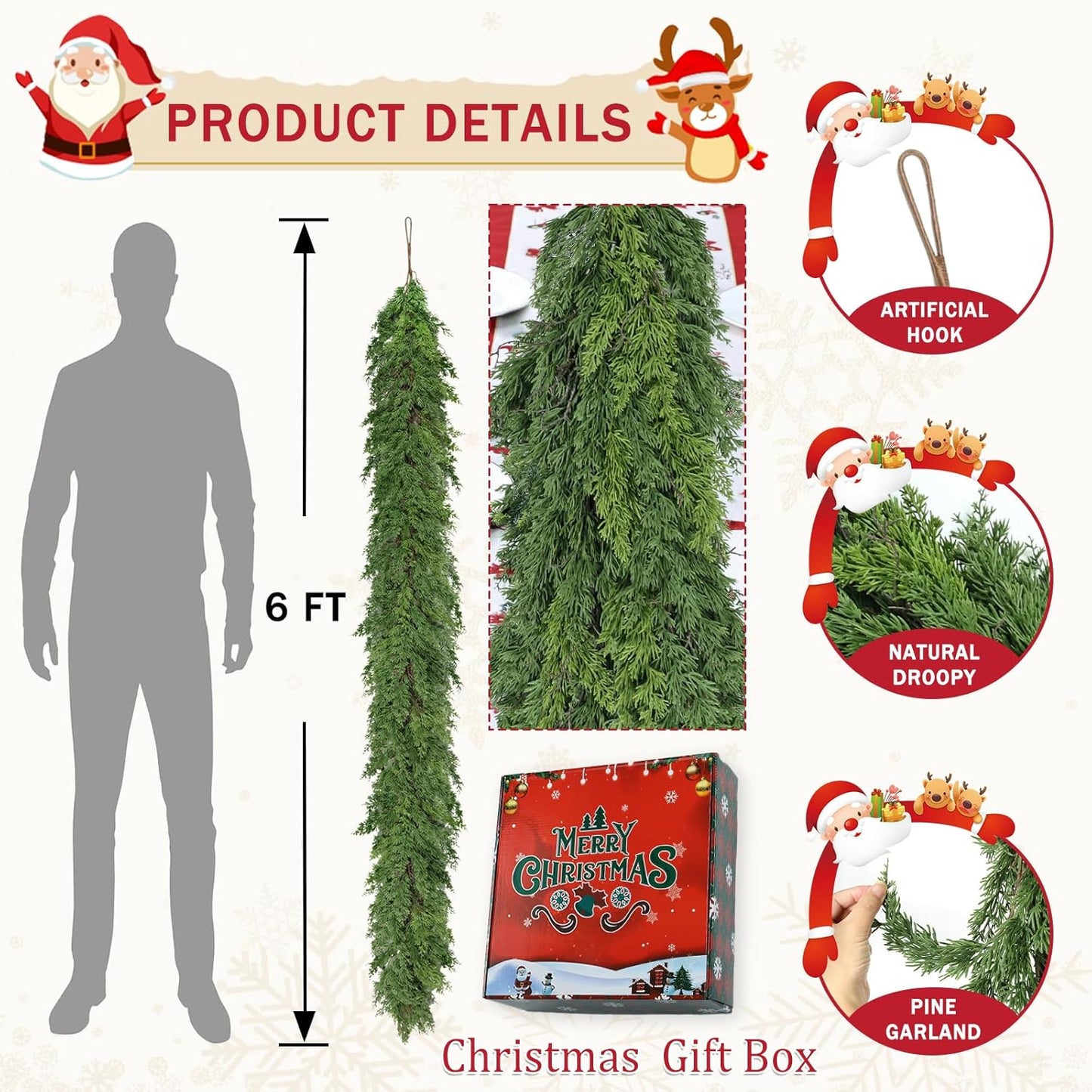 6 Ft Real Touch Christmas Garland,Thick and Lush，Soft Bendable, Lifelike Cedar Garland Realistic, Garlands for Decoration Christmas，Christmas Garland for Mantle,Outdoor Indoor Christmas Decorations