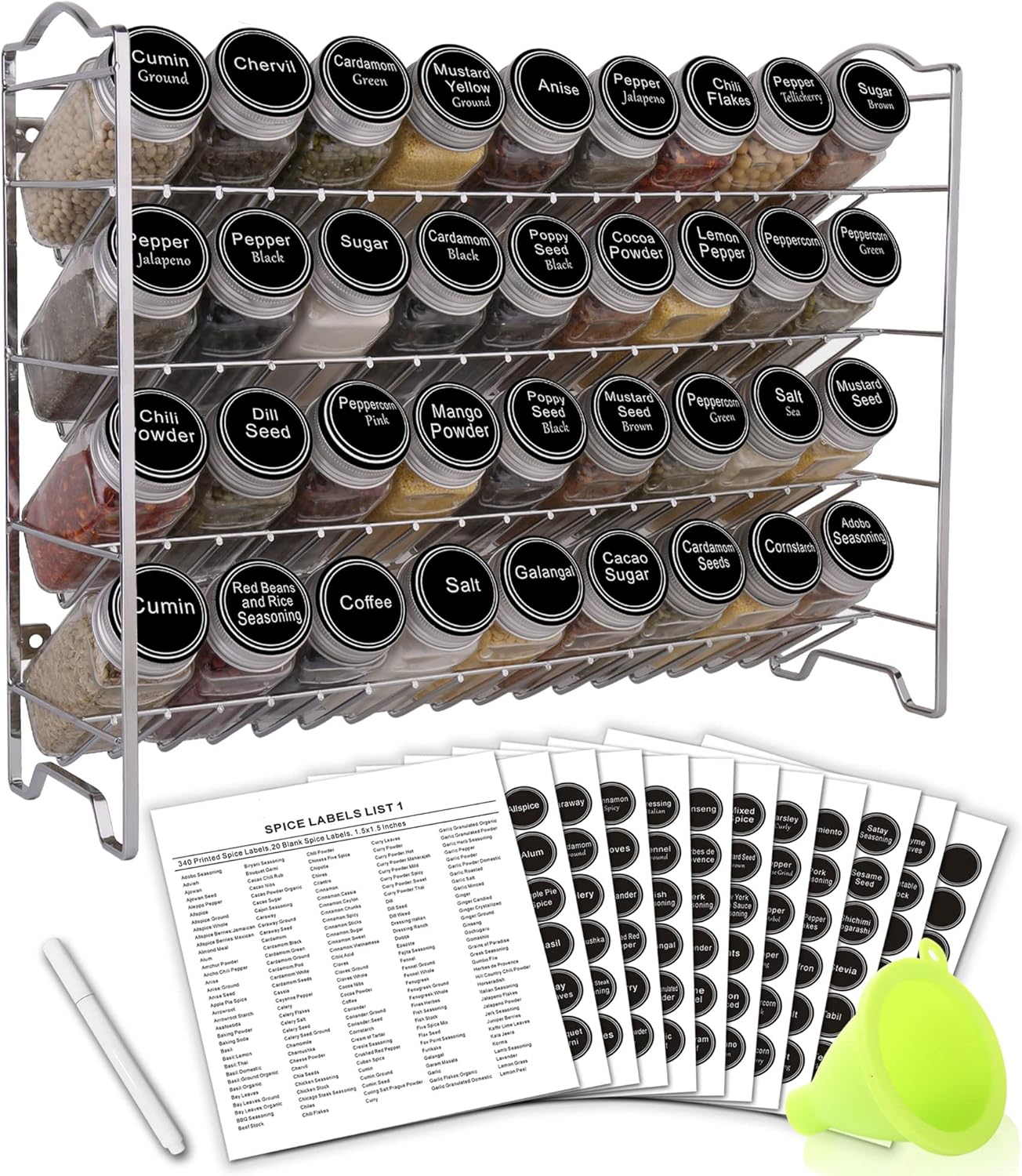 SWOMMOLY Spice Rack Organizer with 36 Empty Square Spice Jars, 396 Spice Labels with Chalk Marker and Funnel Complete Set, for Countertop, Cabinet or Wall Mount,Silver