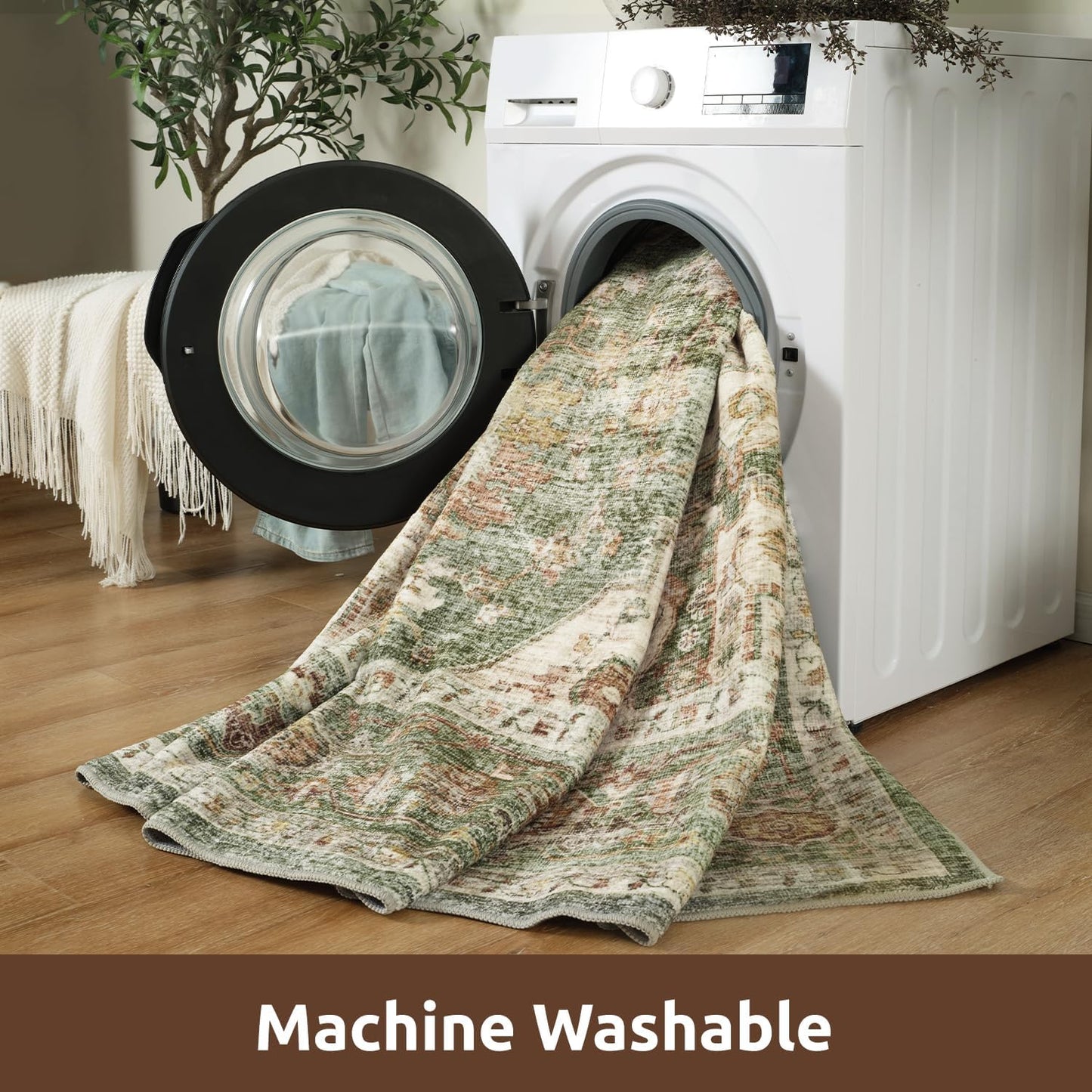 AMOAMI-3X5 Area Rug-Soft Washable Vintage Throw Accent Rugs for Living Room, Entryway, Bedroom, Kitchen, Bathroom, Laundry Room, Kitchen, Bathroom, Bedside, No Slip Green