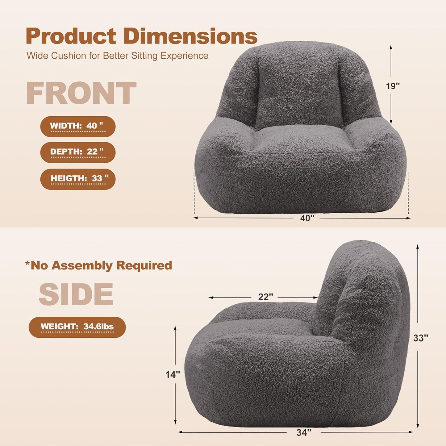 Homguava Bean Bag Chairs for Adults,Giant Beanbag Couch Adult Bean Bag Chair with Filler Included,Modern Lazy Sofa Comfy Chair for Living Room(Dark Grey)