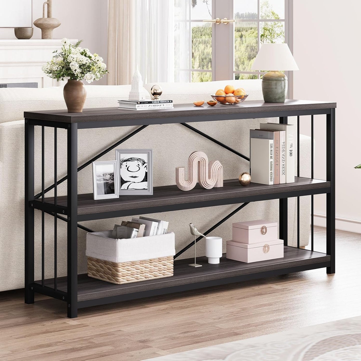 LVB Industrial Console Table, Metal and Wood Sofa Table, Rustic Entryway Table with Storage, Modern 3 Tier Shelf Long Foyer Tables Behind Couch for Home Living Room Hallway, Dark Gray Oak, 55 Inch