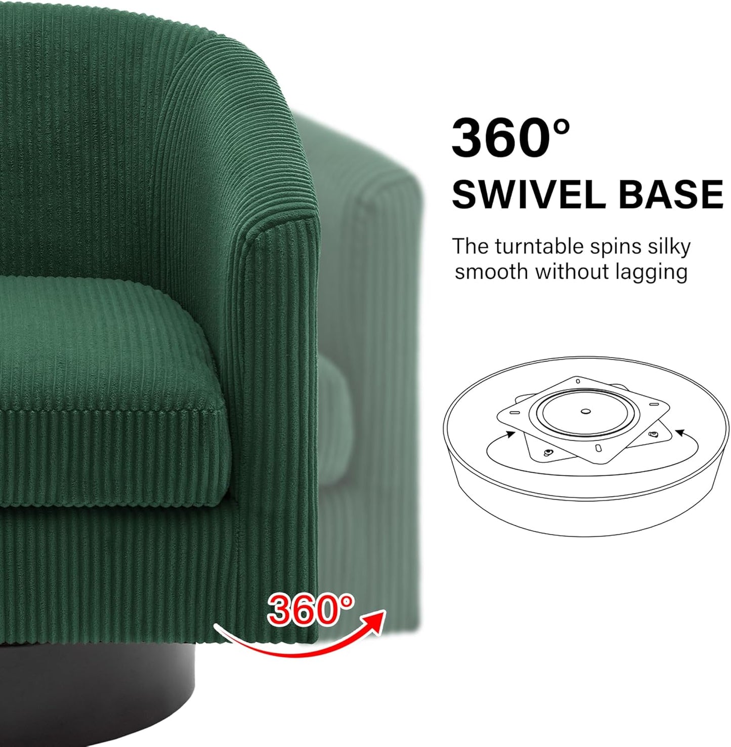 Swivel Barrel Accent Chair, Modern Round Corduroy Fabric Arm Chair for Living Room, Bedroom, Comfy Club Reading Chairs for Adults, Corduroy Dark Green