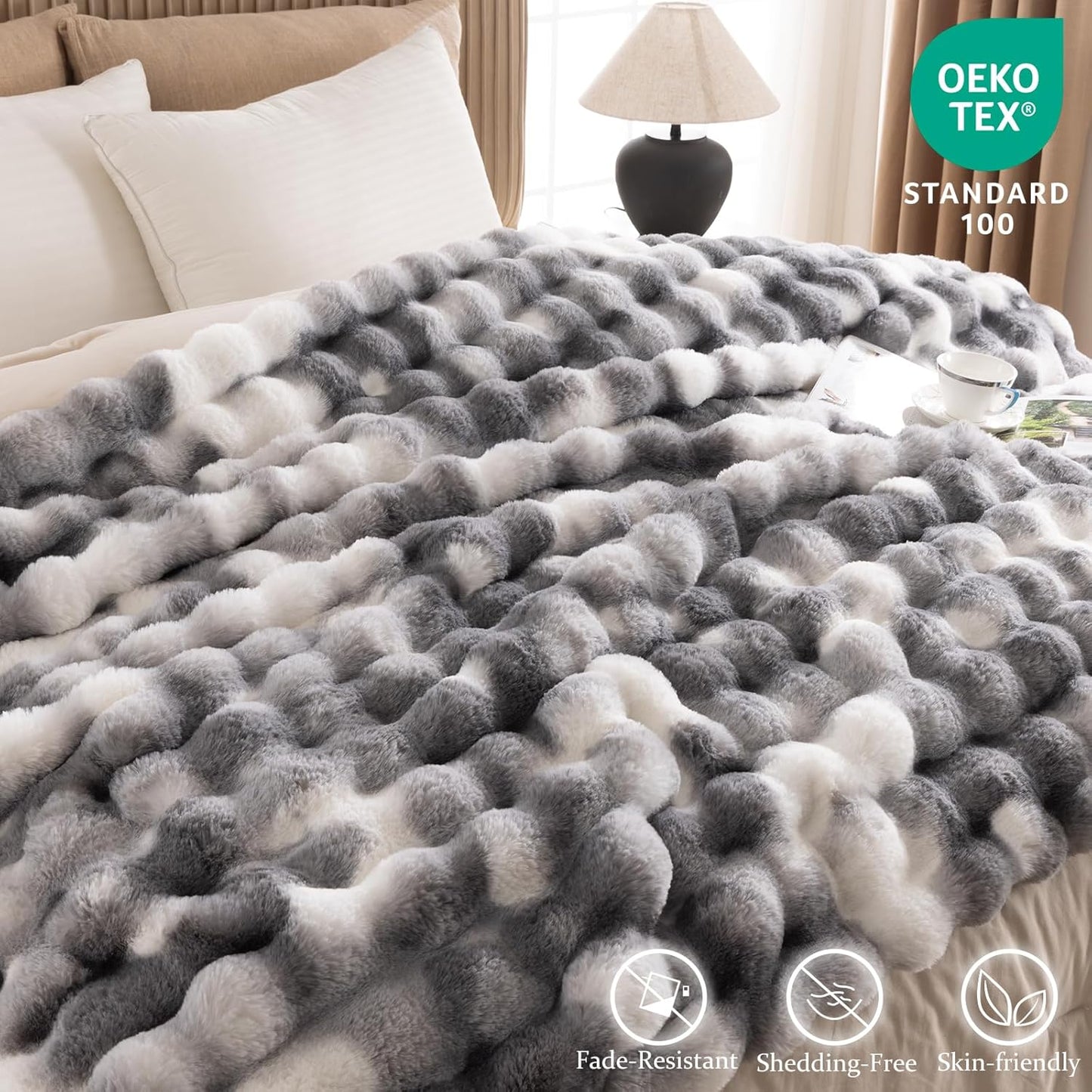 Cozy Faux Fur Throw Blanket for Bed Warm Fuzzy Throw Blanket, Soft Plush Thick Bubble Blankets for Bedroom and Living Room, Furry Luxury Blanket, 90 x 90,Tie-Dye Grey