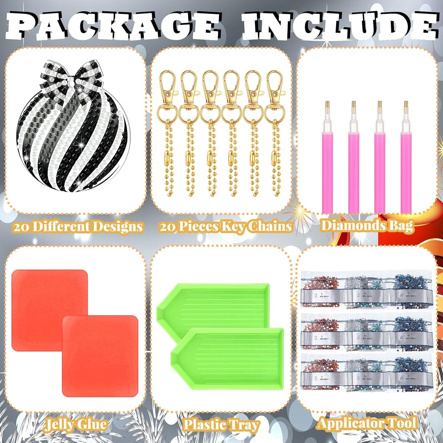 Tondiamo 20 Pcs Christmas Diamond Painting Keychain Kits 5D DIY Diamond Art Pendants Double Sided Hanging Key Chains for Christmas Party Decoration DIY (Black Style)