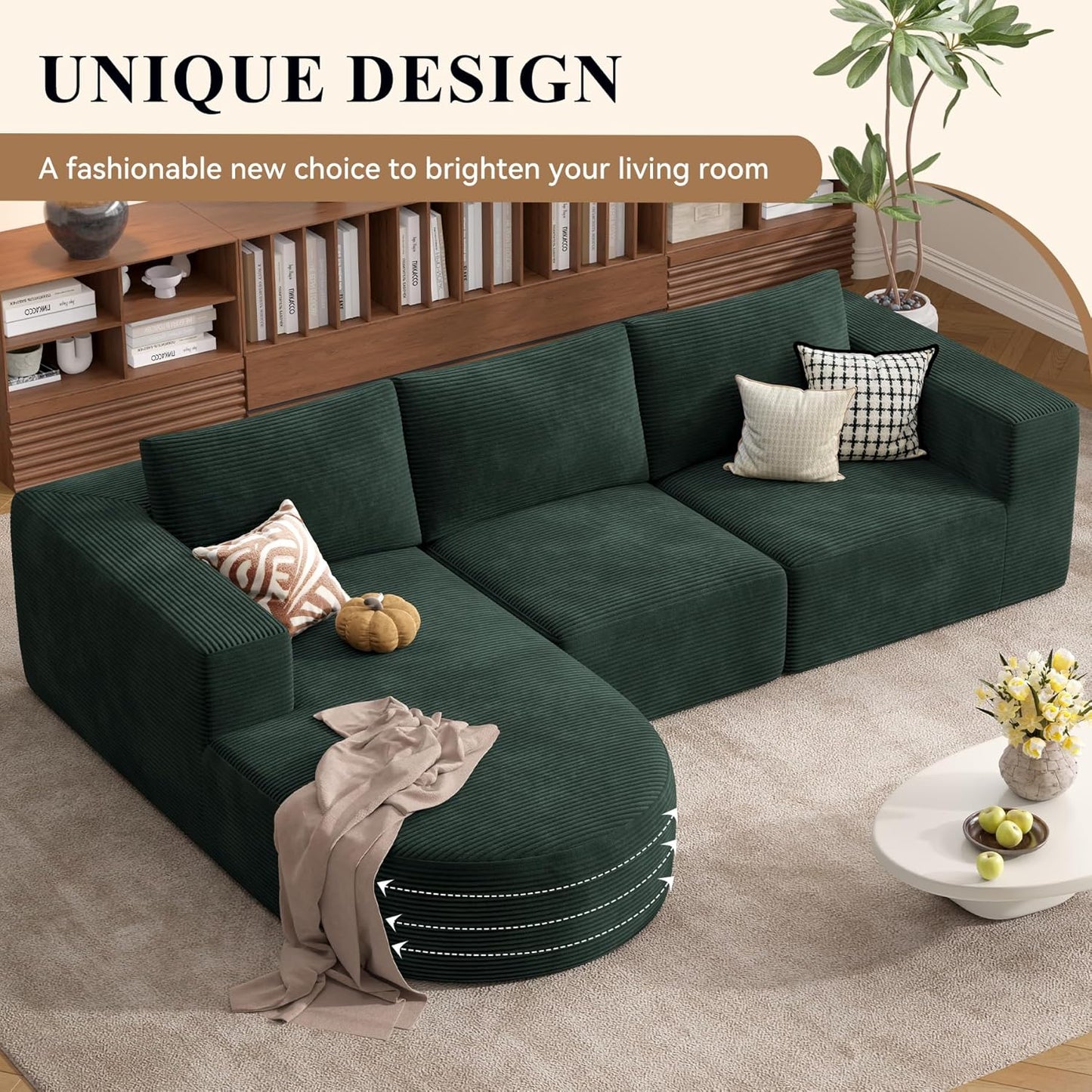 Modular Sectional Sofa with L-Shape Chaise,Cloud Sectional Modern Sleeper Couch with Deep Seat,Sponge Compression Sofas No Assembly Required (Green-Corduroy Fabric) 1PCS