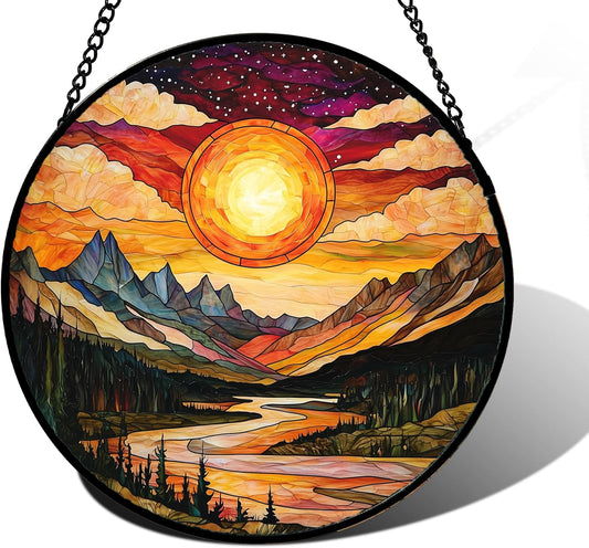 Stained Glass Window Hanging, Dusk Sunset Landscape Sun Catchers Glass Panel Lakes and Mountains Suncatcher Decor for Birthday for Women, Men, Wife, Aunt, and Mom 11.8x11.8 in