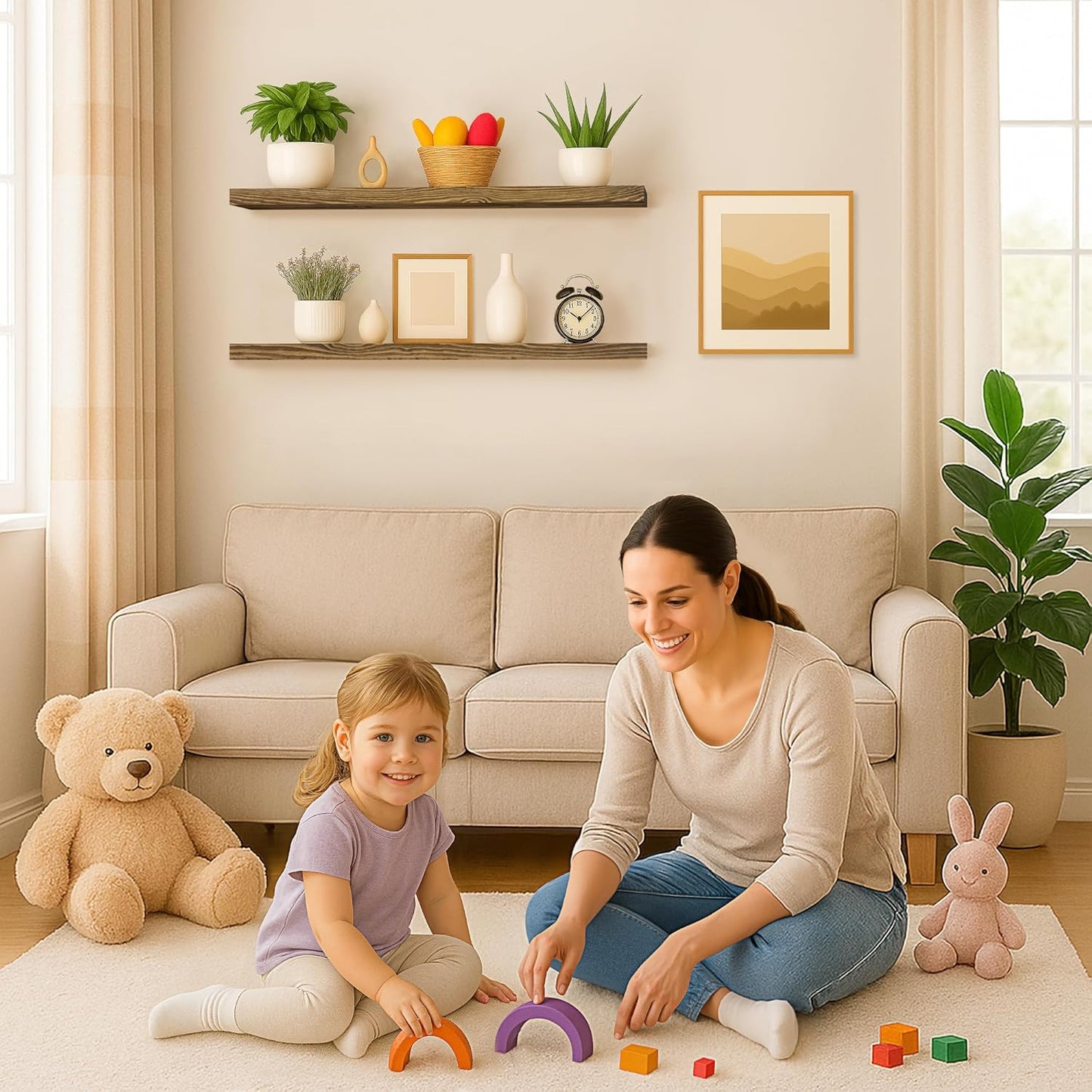 BGMG 36 inch Walnut Floating Shelves for Wall Set of 2, Solid Real Wood Rustic Mount Shelves for Living Room Bedroom Kitchen Farmhouse with Sturdy Hidden Bracket-36x 6.7 x1.25 inch