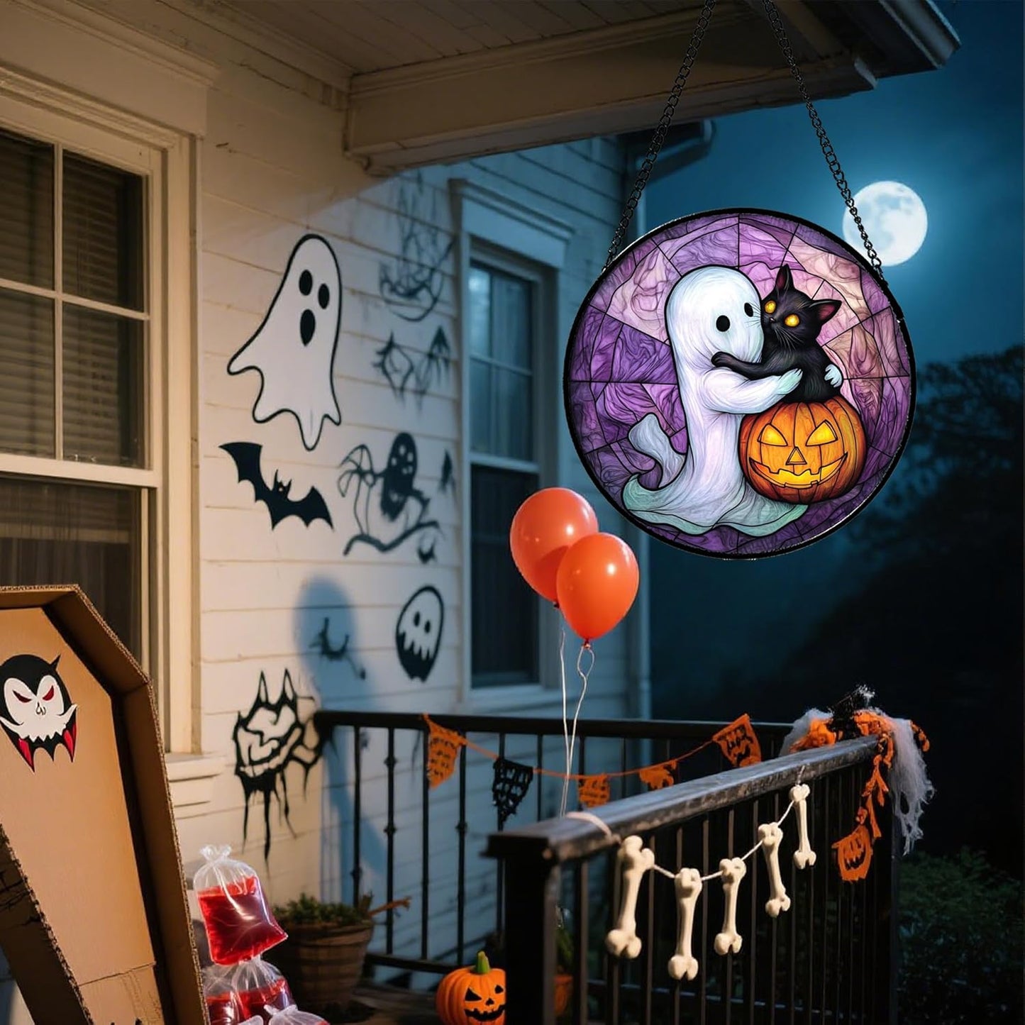 Stained Glass Window Hanging - Halloween Decorations Ghost Black Cat Pumpkin Suncatcher for Door Garden Spooky Purple Sun Catchers Gothic Decor Horror Gifts for Women Men Friend Boy 9.8 in