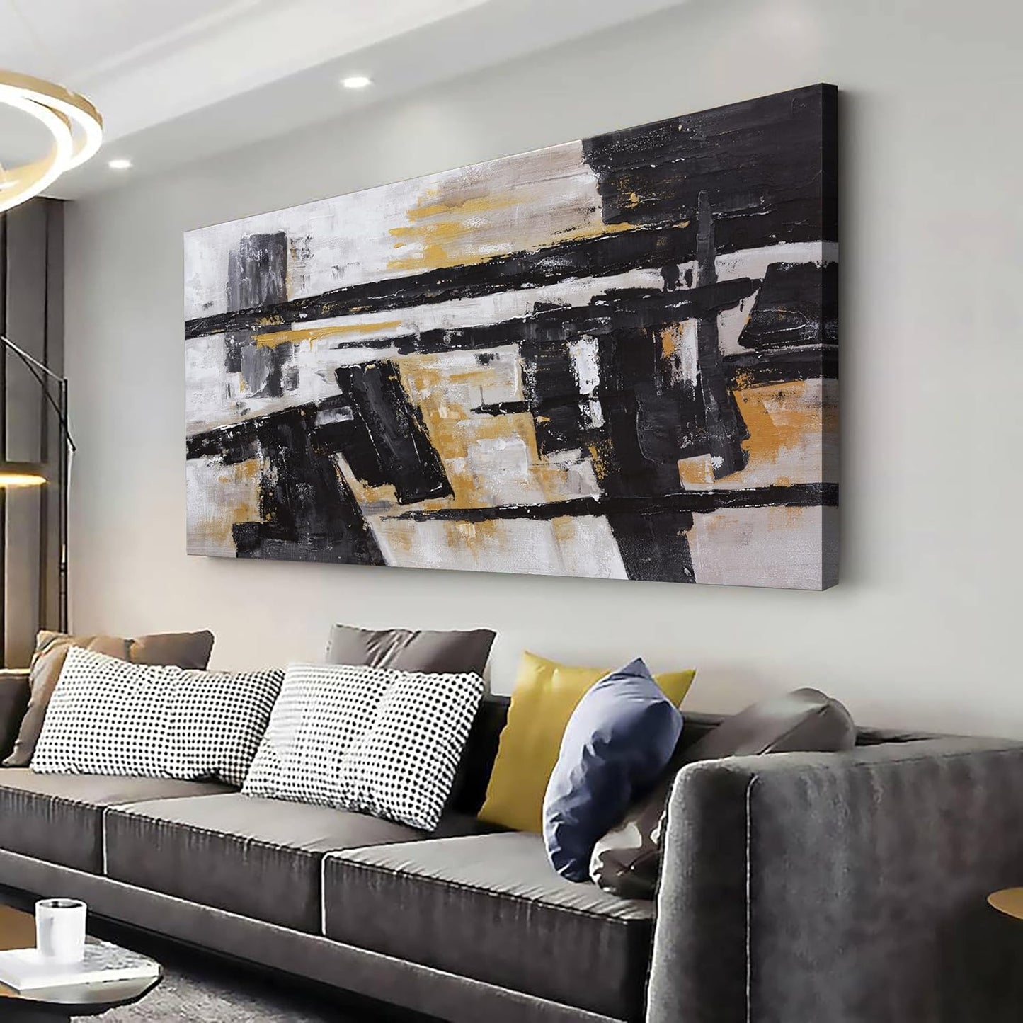 Black Abstract Wall Art Decor Grunge Room Decor Art Black Canvas Wall Decoration 24" x 48" Painting Black And Gold Artwork for Bedroom Home Office Dining Room Decoration