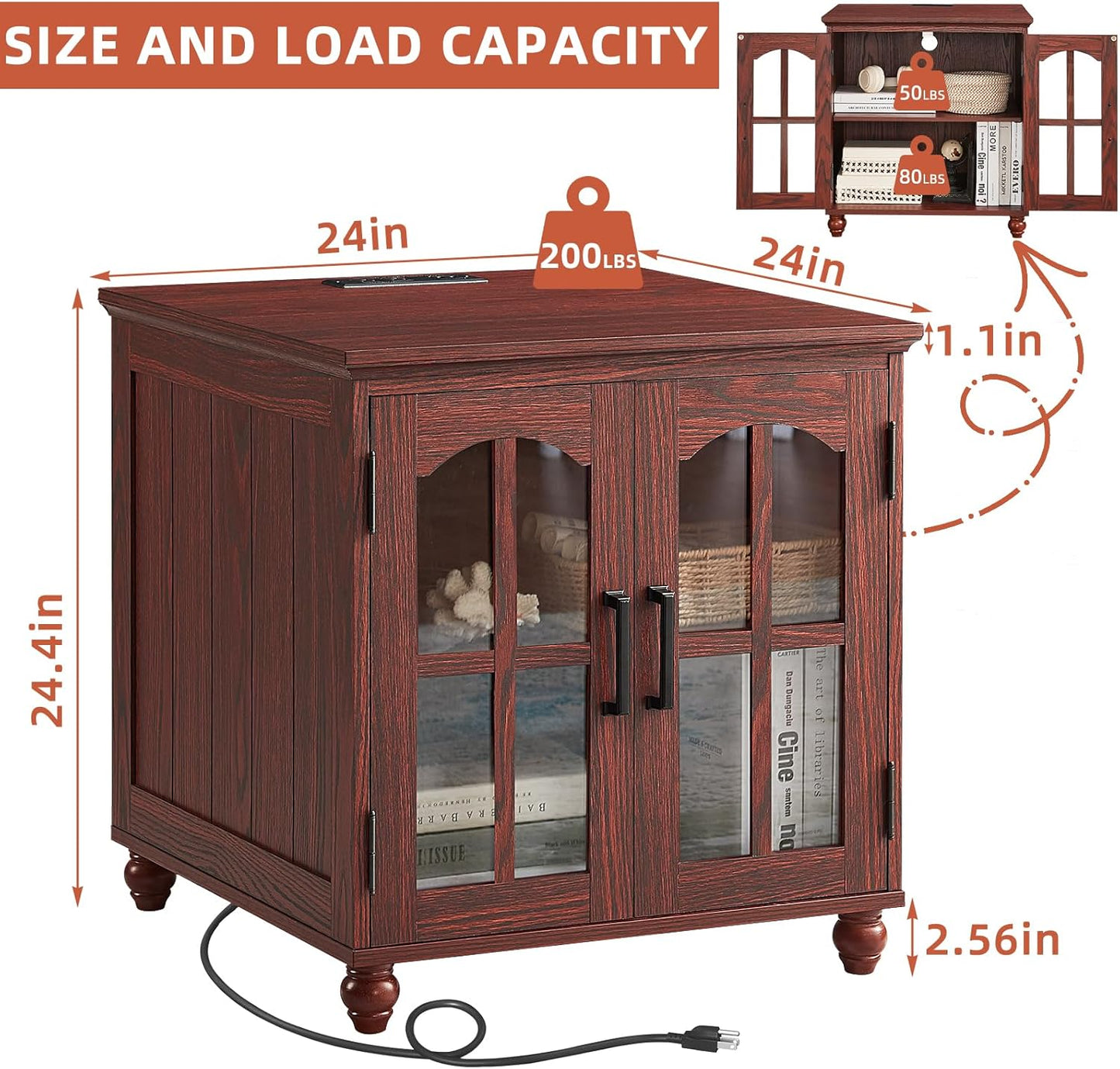 Farmhouse End Table with Charging Station,24" Large Sofa Side Table with Glass Barn Door,Rustic Wood Night Stand with Adjustable Storage Shelf,Square Bedside Table for Living Room,Bedroom Office