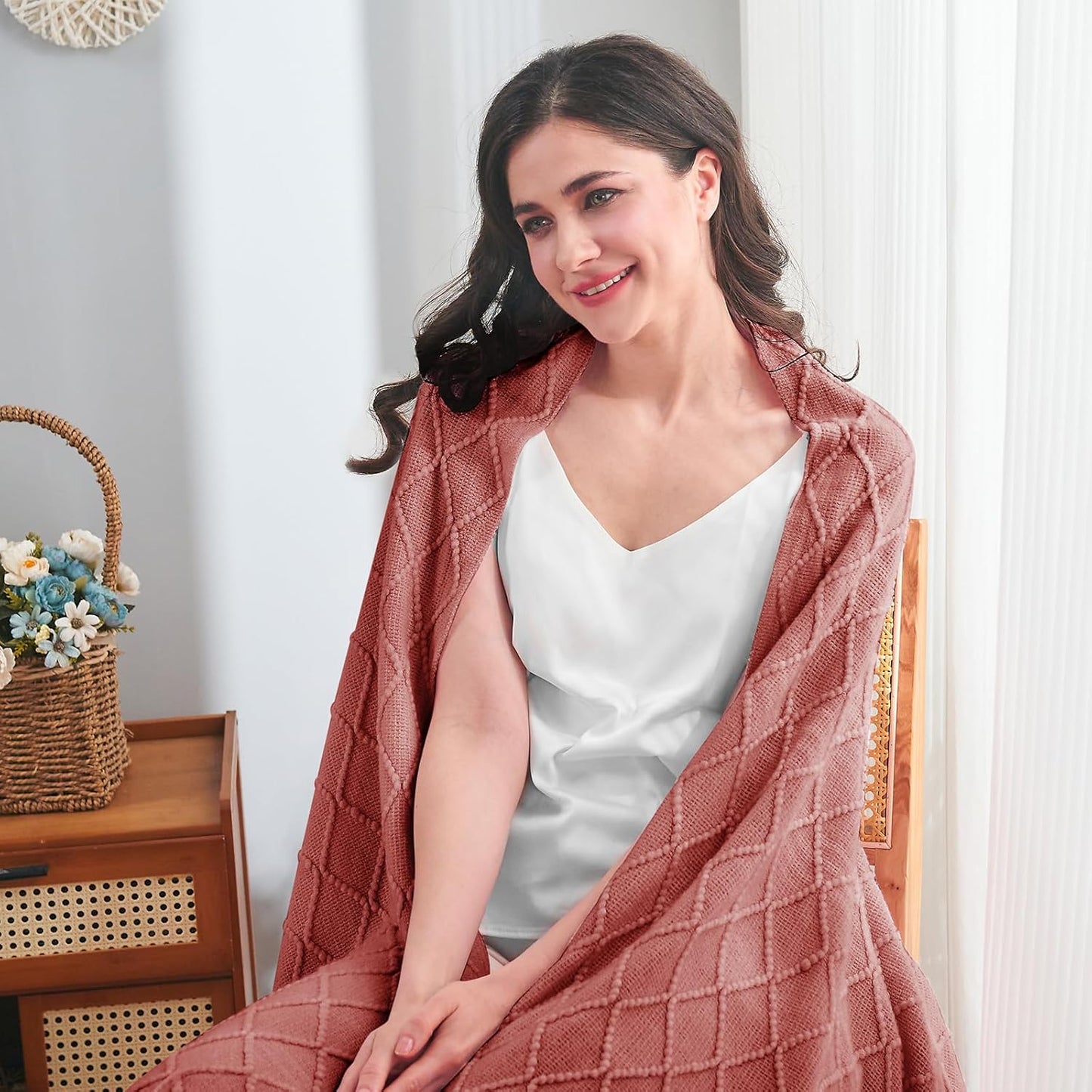 InHand Knitted Throw Blanket for Couch and Bed, Soft Cozy Knit Blanket with Tassel, Coral Pink Lightweight Decorative Throw, Farmhouse Warm Woven Throw for Men and Women, 50"x60"