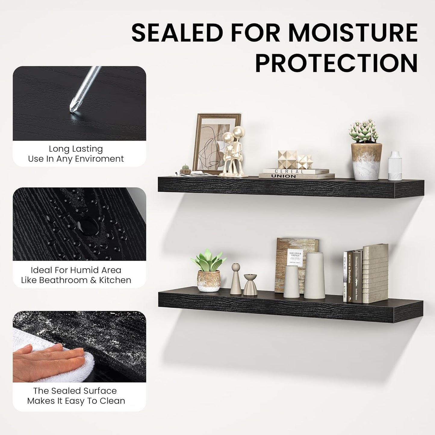 Floating Shelves for Wall, 24" W x 6.7" D x 1.5" H, Wooden Wall Mounted Display Shelves with Invisible Brackets for Living Room, Bedroom, Bathroom, Kitchen Decor and Storage, Set of 2, Black