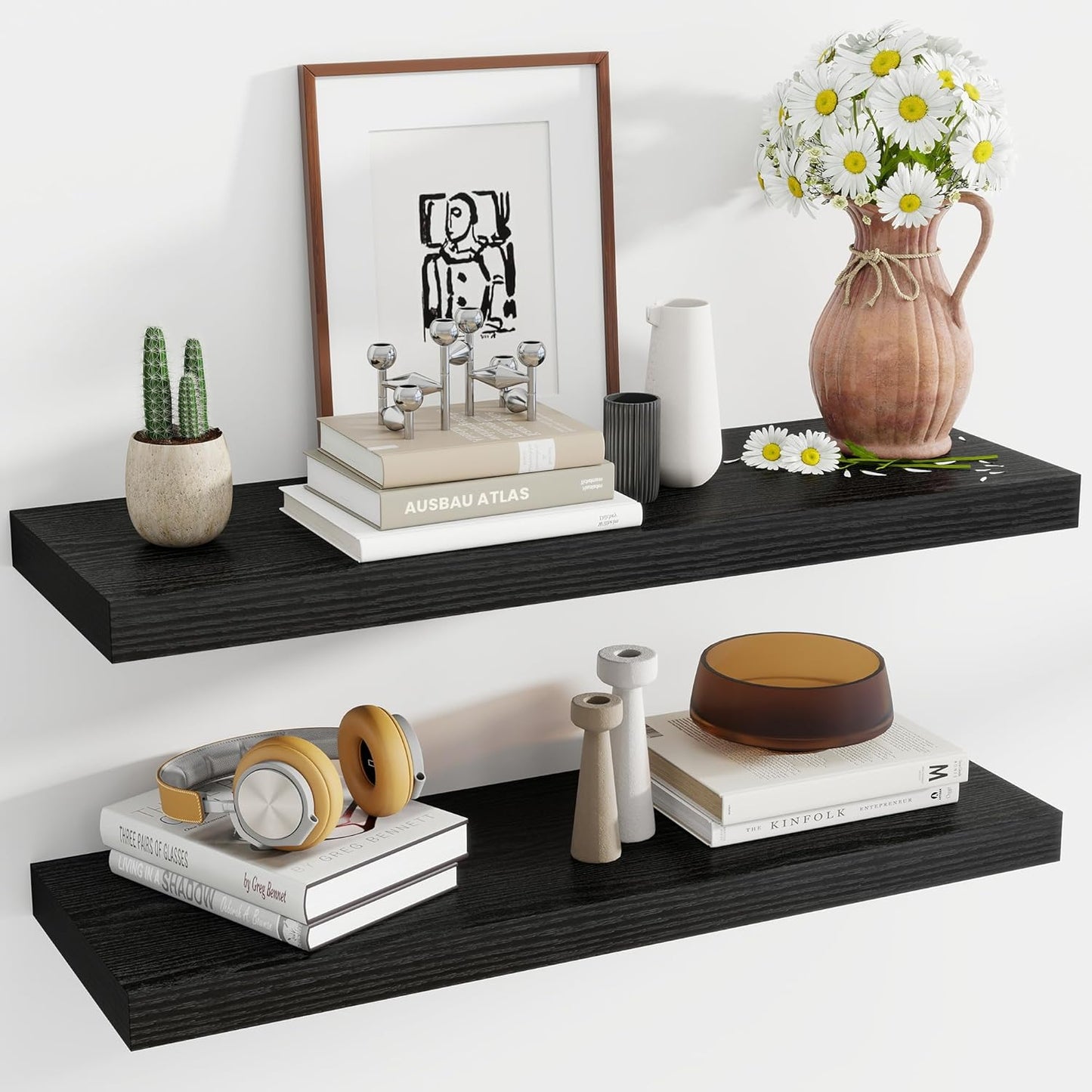 36 Inch Floating Shelves, 11.6 Inch Deep Floating Shelves for Wall, Floating Shelf with Invisible Brackets, Deep Shelves for Bathroom, Bedroom, Living Room, 2 Pack, Black