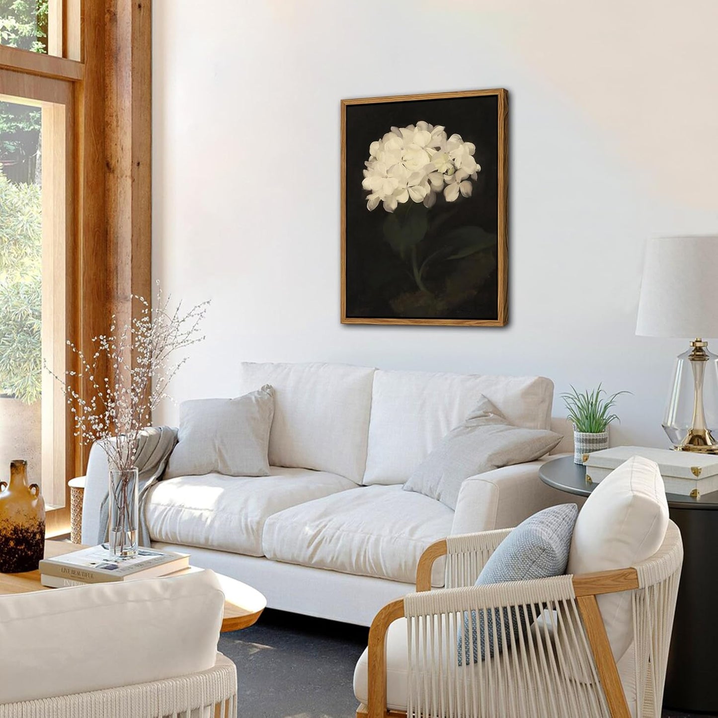 Framed Wall Art for Living Room – Vintage White Hydrangea Oil Painting Canvas Prints, Aesthetic Bedroom Wall Art, Kitchen Decor for Shelves, Bathroom Office Artwork Wall Decor – 12x16in