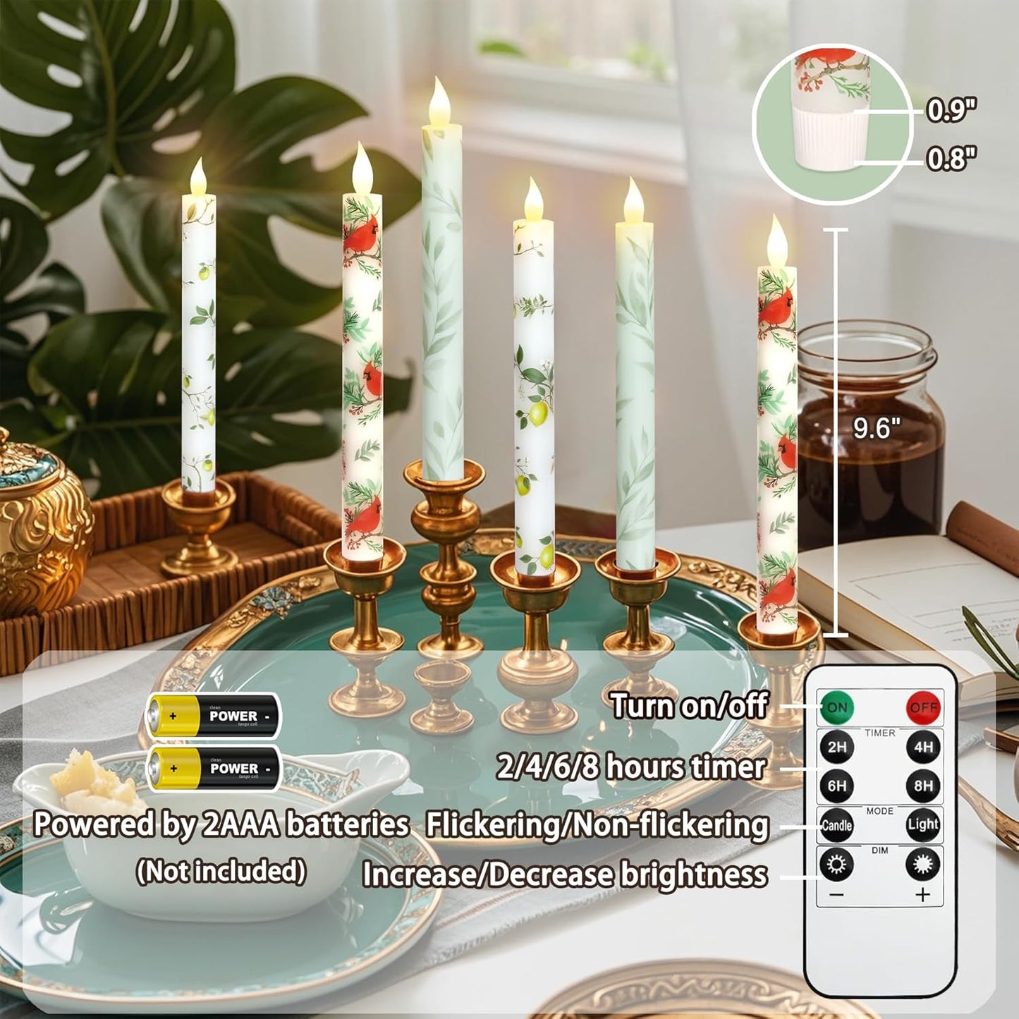 Willow Leaf Flameless Taper Candles with Remote & Timer Real Wax LED Taper Candles Flickering Candlesticks Battery Operated Candle for Home Wedding Party Summer Fall Christmas Decor 2 Pack 9.6"