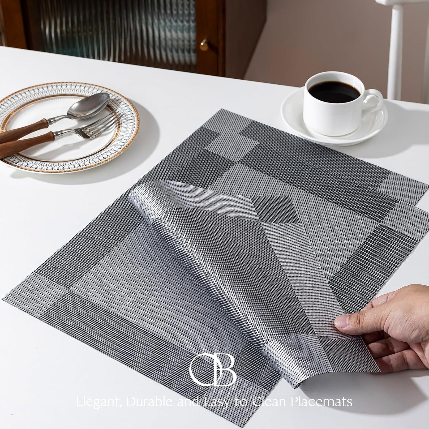 Placemats Set of 12 - Easy Clean Woven Vinyl Placemats for Dining Table, Indoor/Outdoor Place Mats, Washable PVC Table Mats （Silver Cube）