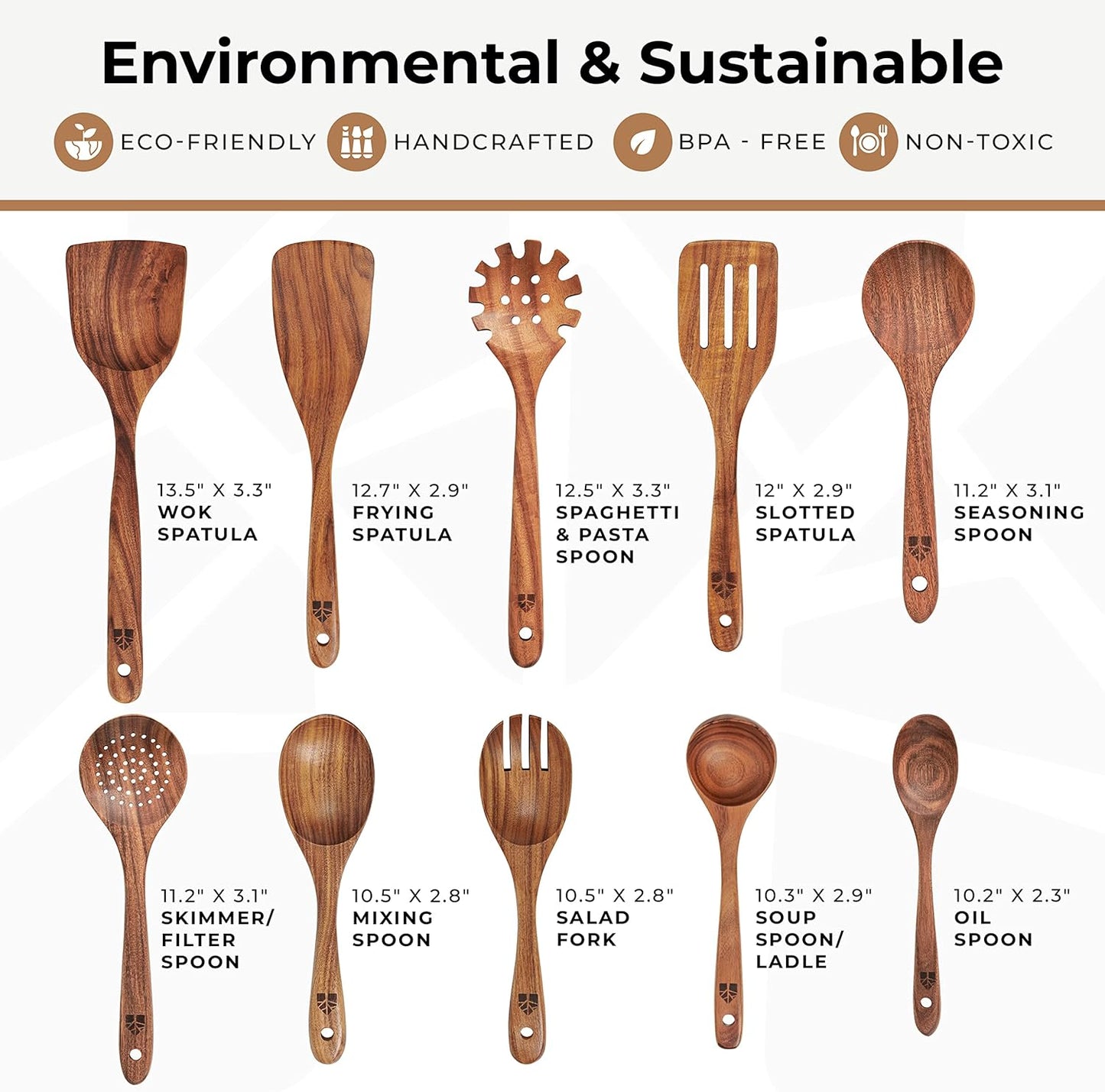 Wooden Spoons for Cooking, 10 Pcs Wooden Cooking Utensils Set – Wooden Utensil Set for Nonstick Pans & Cookware – Teak Wood - Sturdy, Lightweight & Heat Resistant