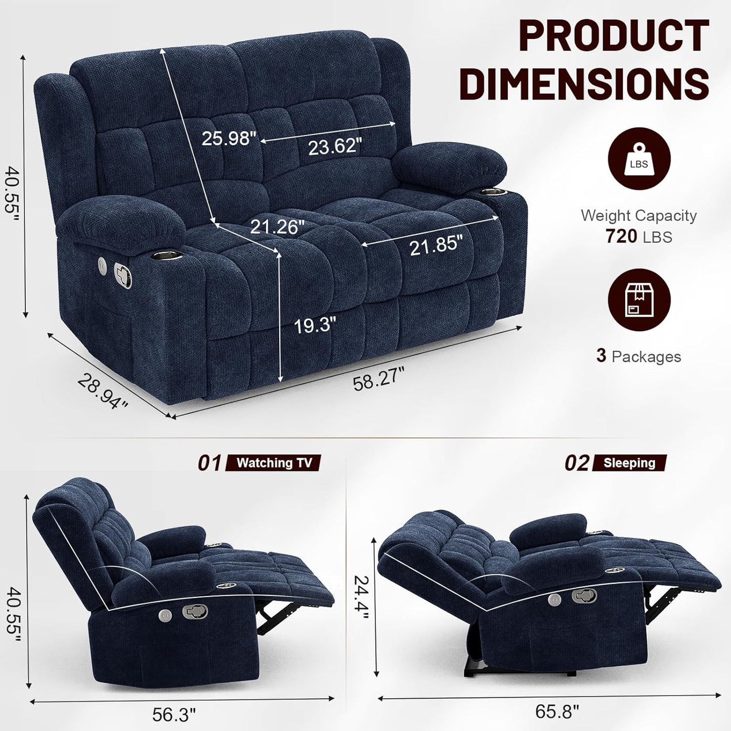 Loveseat Recliner Sofa Set with 2+1+1 Pieces, 2 Seater Minimalist Style Fabric Manual Pull Tab Reclining Loveseat with USB Charge Ports, Cup Holders, Recliner Couches for Living Room, RV, Blue