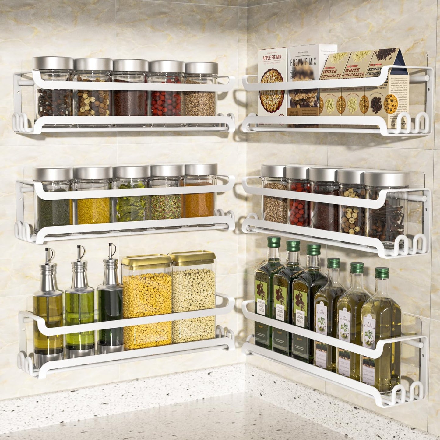 LUCYCAZ 6 Pack Wall Mounted Spice Rack with 22 Hooks, Spice Organizer Shelf for Stove Cabinet Pantry Door,Screw or Adhesive Spice Shelf Hanging Wall Spice Rack in Kitchen and RV (White, 6 PACK)