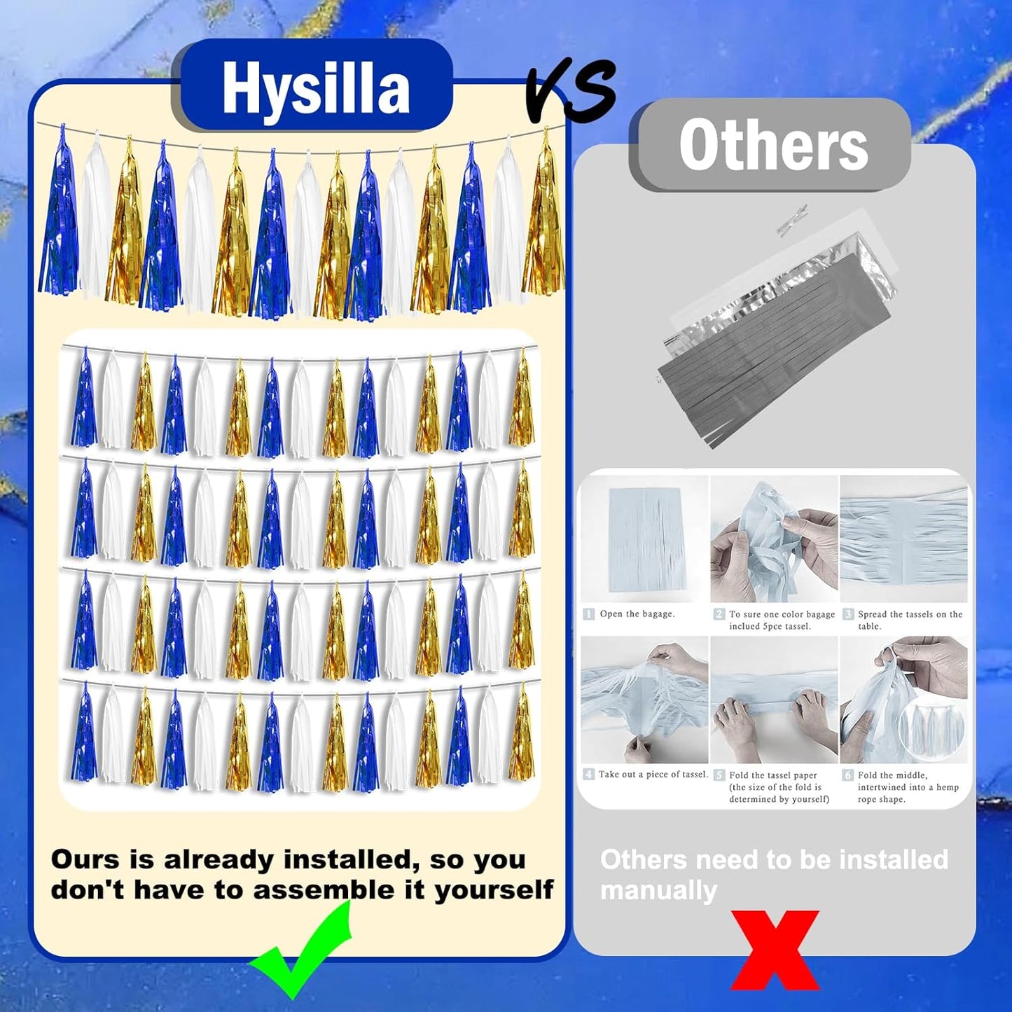 3P Navy-Blue White-Gold Foil Fringe Metallic Tassel-Garland, Tassels Banner Streamers for Parade Floats, Bachelorette, Wedding, Birthday, Halloween, Christmas, Bridal/Baby Shower Party Decorations