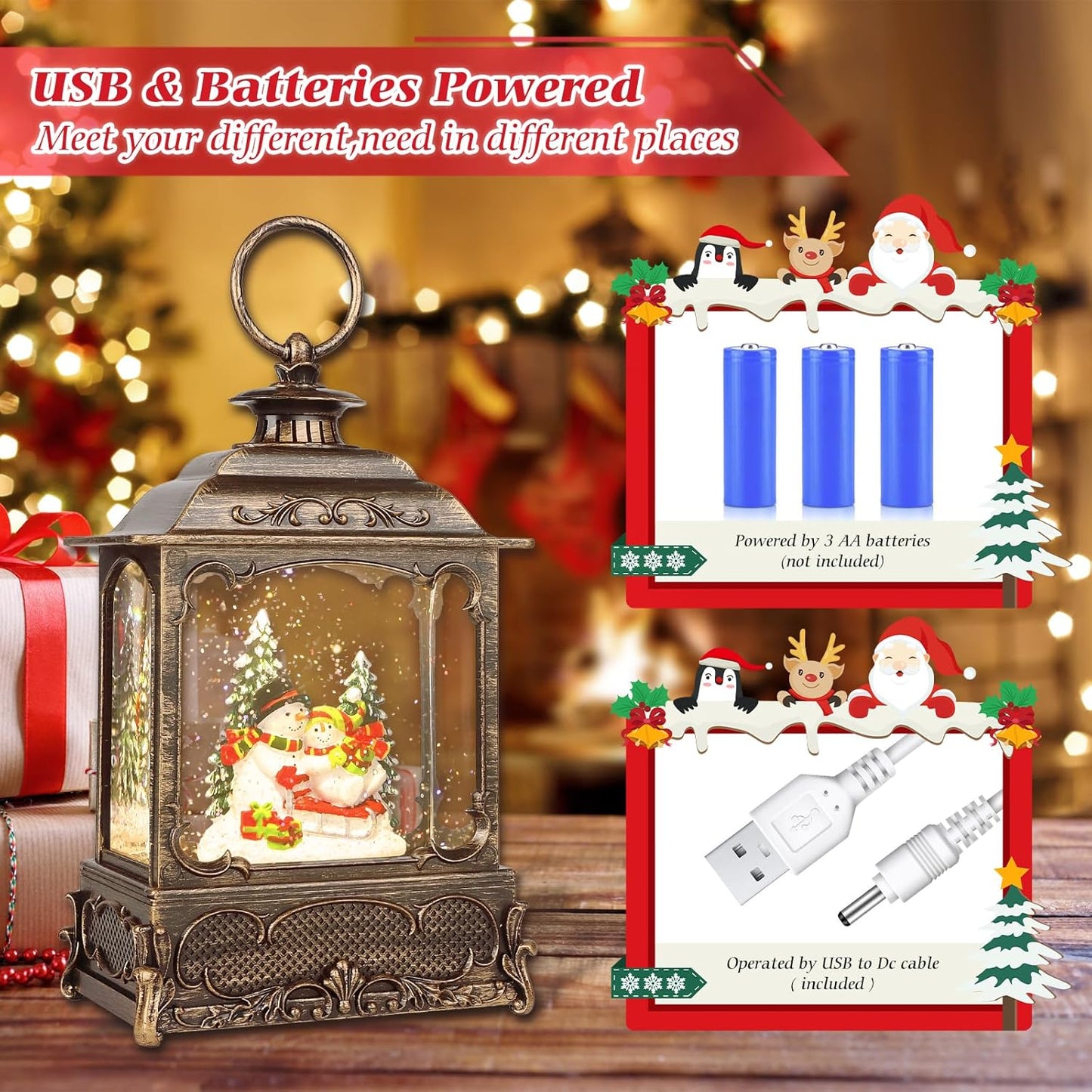 Christmas Snow Globes,Christmas Decorations for Home,with 6 Hour Timer,Musical Snow Globe,Battery Or USB Powered,Christmas Lantern,Christmas Festival Decor, Snowman Skiing