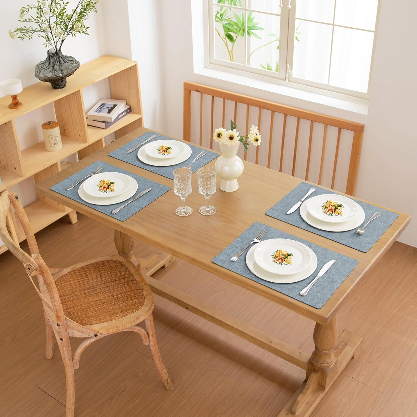 FROMHEART Faux Leather Placemats Set of 12–Waterproof,Heat/Oil Stain-Resistant PU Table Mat–Reversible,Non-Slip,Easy to Clean Place Mats for Kitchen,Dining,Indoor/Outdoor,(Light Blue,11.8" x 17")