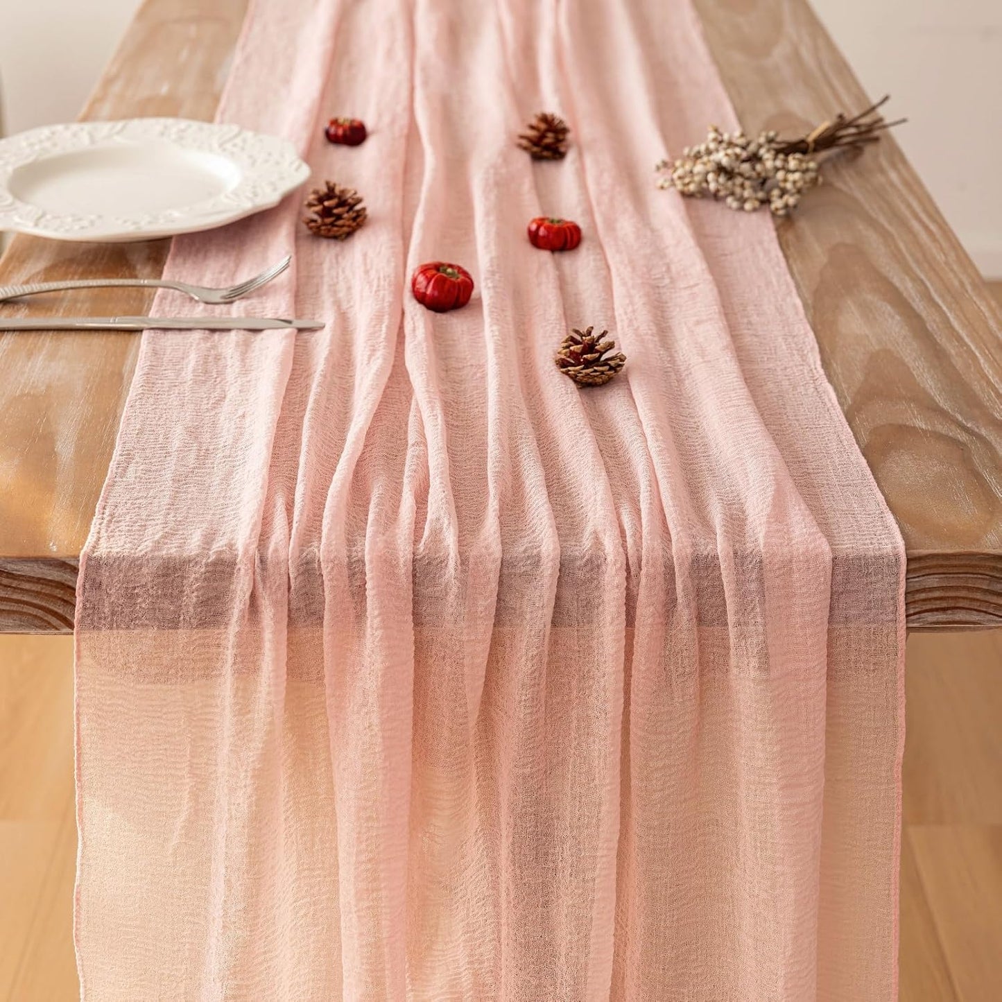 3pcs Pink Gauze Rustic Cheesecloth Table Runner 120 Inch 10 FT for Wedding Baby Shower Bridal Shower Birthday Engagement Garden Outdoor Party Long Sheer Boho Decorations
