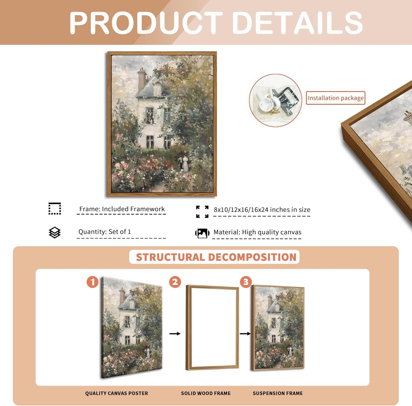 Floating Framed Canvas Vintage Wall Art, Neutral English Cottage Rose Garden Oil Paintings Print, Spring Pictures Wall Decor for Living Room Hallway Bedroom Office Rustic Decor 12x16 inch