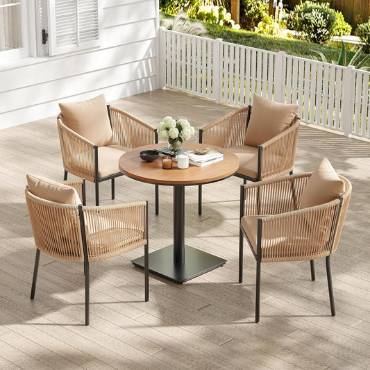 Soohow 5 Pieces Outdoor Dining Set for 4, Patio Table and Chairs Set 4 X Rattan Wicker Patio Chair with Cushions and 1 X Outdoor Table Plastic Wooden Top for Lawn, Deck Backyard, Poolside