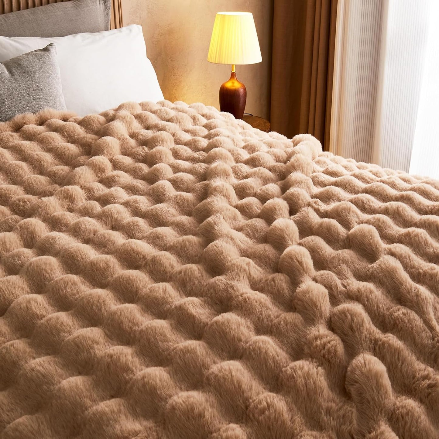 Lotus Karen King Size Faux Fur Blanket Khaki - Big Bubble Rabbit Fluff Blanket for Bed, Large Fluffy Fuzzy Cozy Blanket, Thick Furry Plush Shaggy Blankets, 108x90 Inches