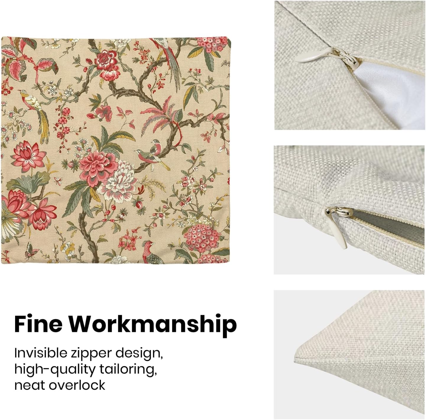 CXMEIFLY Spring Floral Birds Pillow Covers 18 x 18 Inch Set of 2 for Chinoiserie Flowers Decor Throw Pillows Pink Red Plant Outdoor Decorative Cushion Cases for Couch Bed Decorations