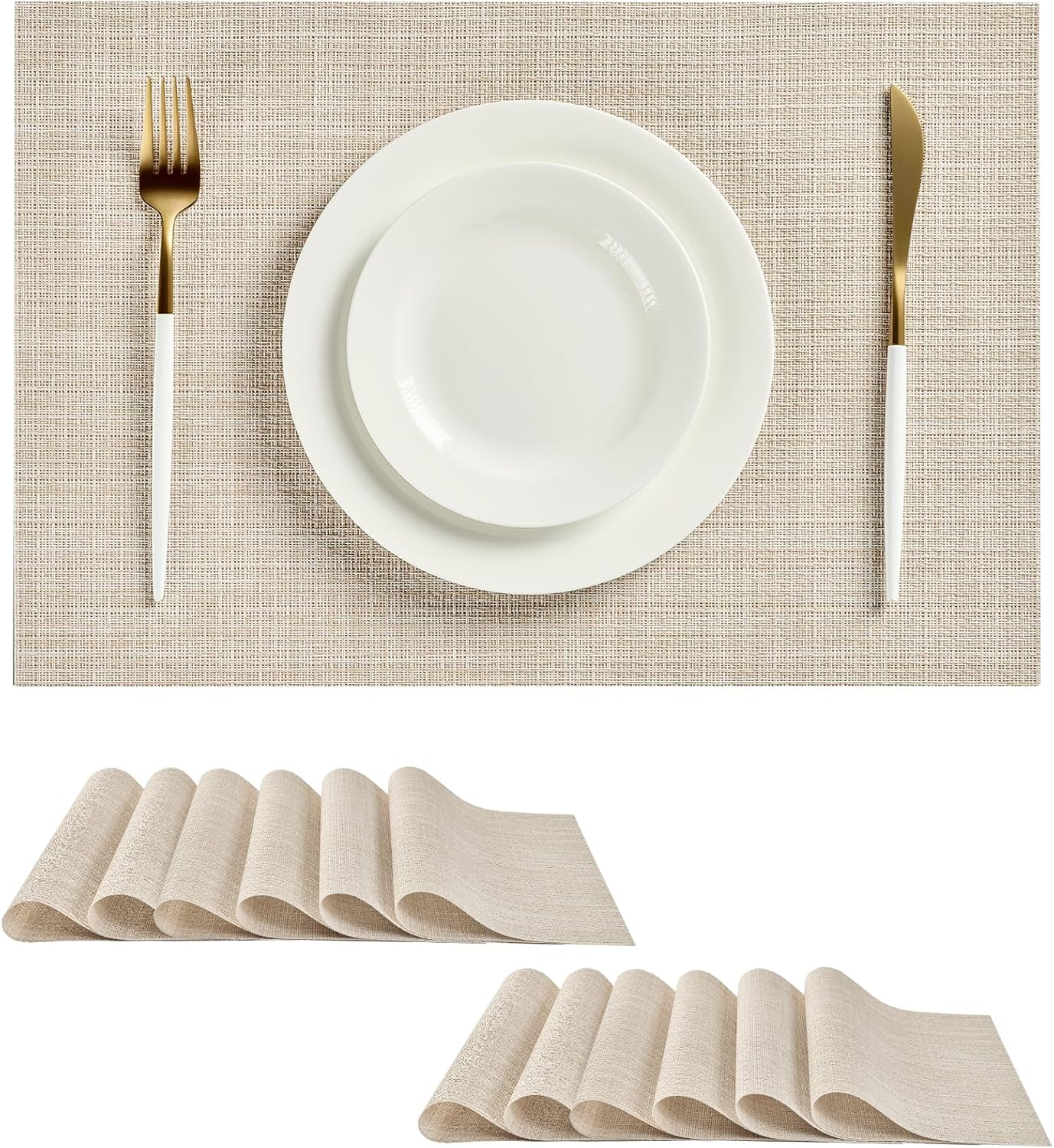 Leetaltree Beige Placemats Set of 12 - Heat Resistant Non-Slip Place mats for Dining Table, Washable Durable PVC Vinyl Woven Table Mats（Beige, 12）