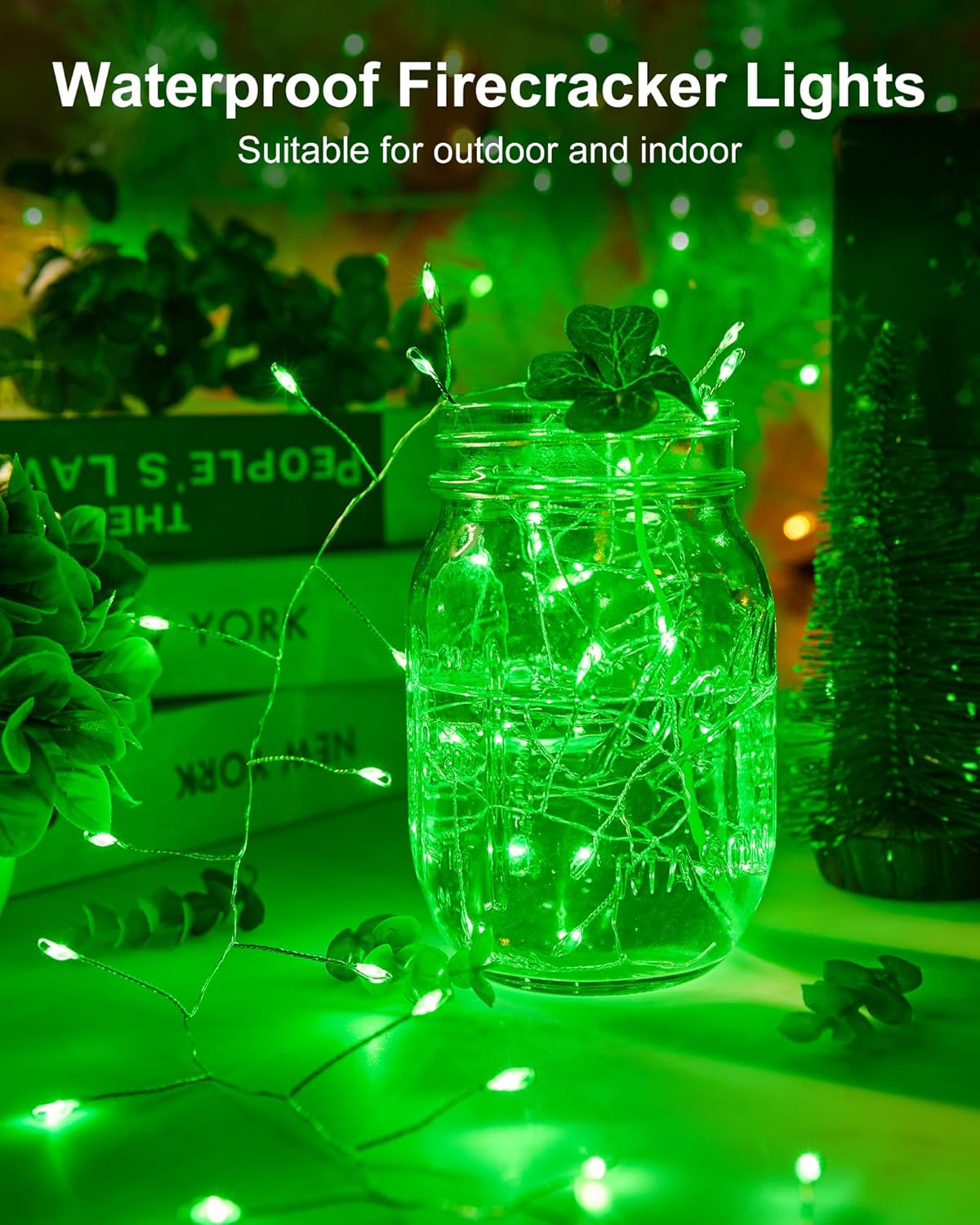 Fairy Lights Battery Operated, Twinkle String Lights Silver Wire 5 Feet 60 Led Firecracker Starry Lights for DIY Wreath Home Wedding Party Bedroom Mason Jar Holiday St. Patrick Decoration, Green