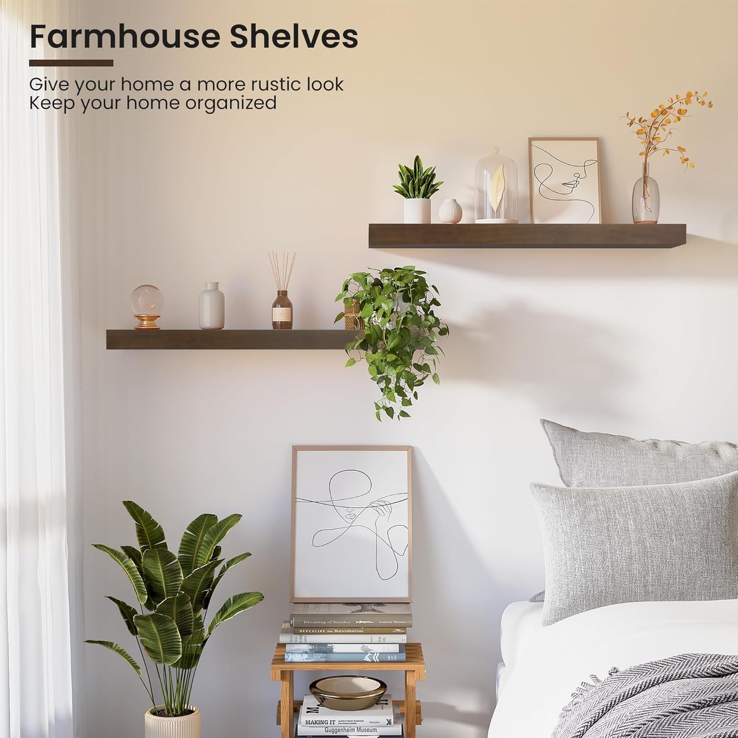 Wood Floating Shelves for Wall 24” x 8”x 1.4” Shelf Floating Rustic Farmhouse Decor, Heavy Duty Shelf Hold 60 lbs, Wall Shelves for Bathroom Living Room Kitchen Bedroom Office, 2 Packs Walnut