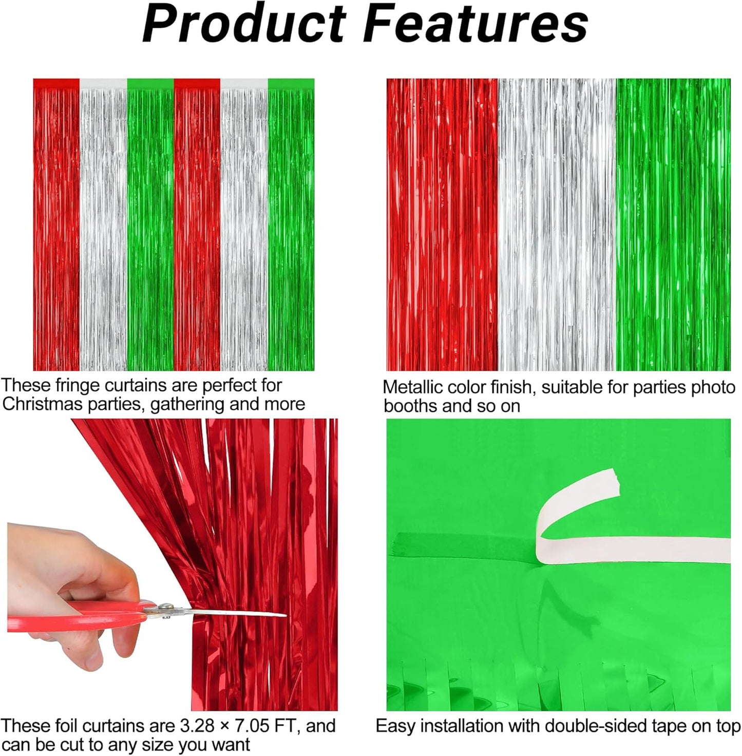 4 Pack Christmas Curtains, 3.28 FT x 7.05 FT Red Silver Green Foil Backdrop, Metallic Foil Fringe Curtains Party Streamer Picture Backdrop, Christmas Door Decorations Photo Props Party Supplies