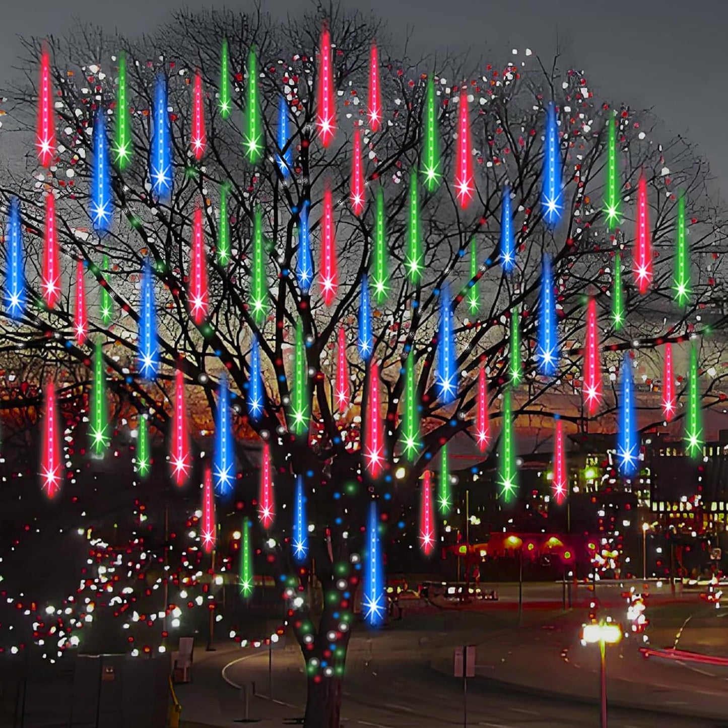 Christmas Lights Outdoor Tree Cascading Icicle Lights 12 inch 8 Tubes Shooting Star Waterfall Meteor Shower Falling Rain Light for Holiday Decorations Wedding Party New Year (Multi Color)