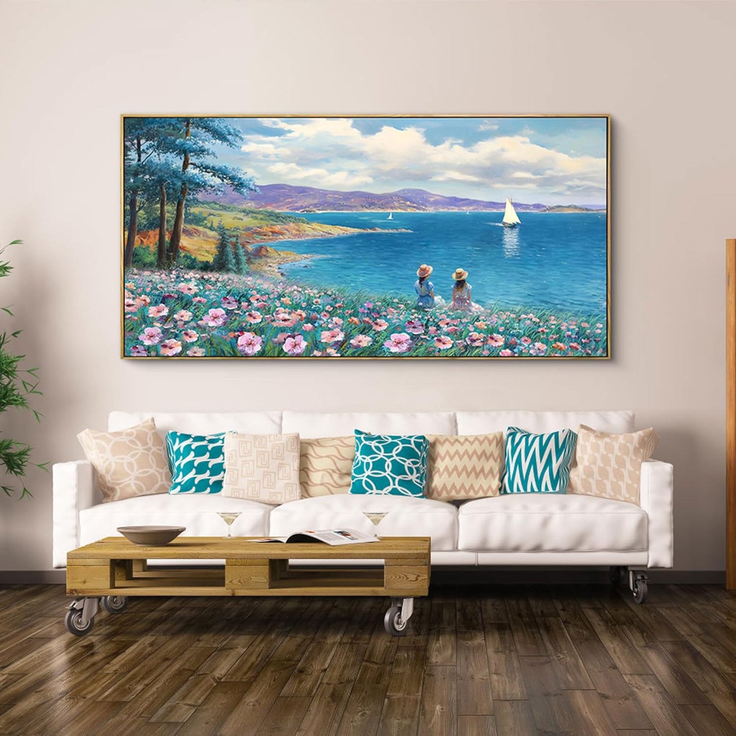 XLSJERST Large Landscape Wall Art - Blue Ocean Pink Flower Sailboat Mountain Tree Decor Orange Frame Artwork for Wall Large Picture for Living Room Bedroom Home Office Wall Decoration Size 29x58