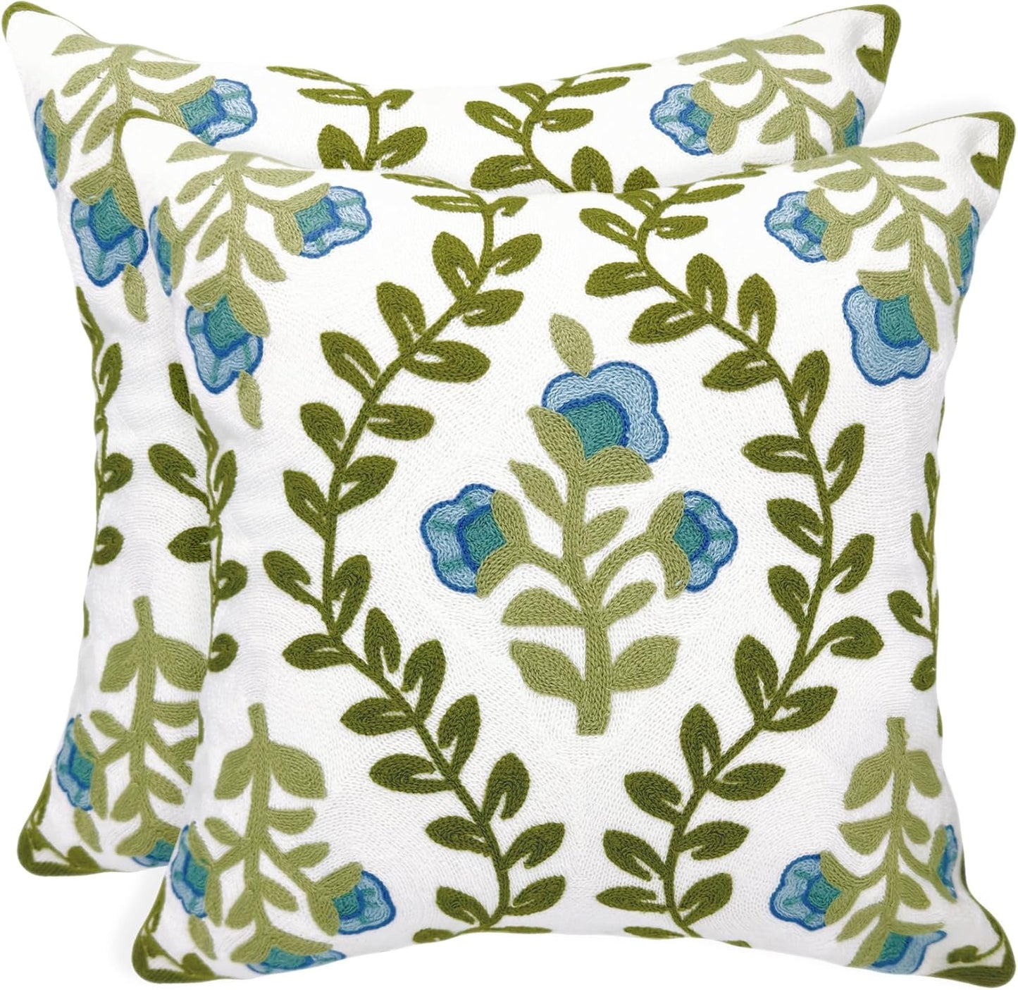 Alysheer Floral Embroidered Summer Decorative Throw Pillow Covers 20"x 20" Set of 2, Farmhouse Cottage Blue Flowers Green Leaves Knit Pattern Cotton Canvas Cushion Case for Couch Bed Living Room