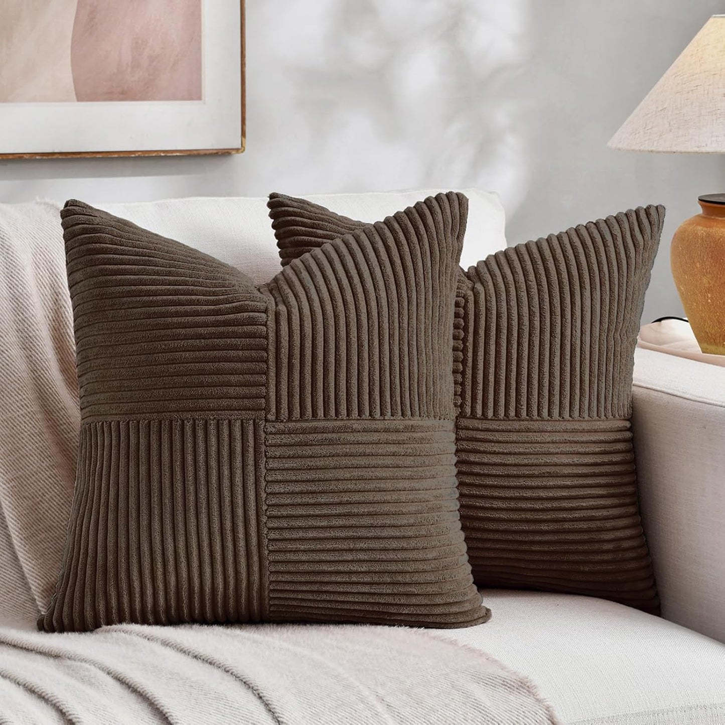 Fancy Homi 2 Packs Dark Brown Decorative Throw Pillow Covers 16x16 Inch for Living Room Couch Bed Sofa, Rustic Farmhouse Boho Home Decor, Soft Corss Patchwork Corduroy Textured Cushion Case 40x40 cm