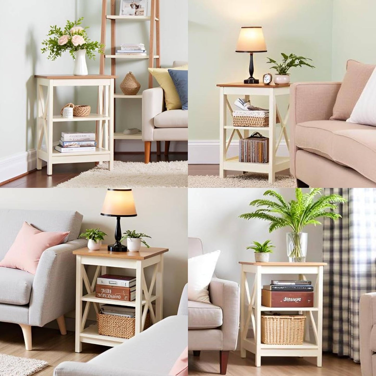 ALPHA HOME Side Table, Farmhouse End Table Set of 2, Bedside Table 3-Tier Storage Shelf for Small Spaces, Sofa Couch Table, Coffee Table, Nightstands Set for Living Room, Bed Room, Ivory