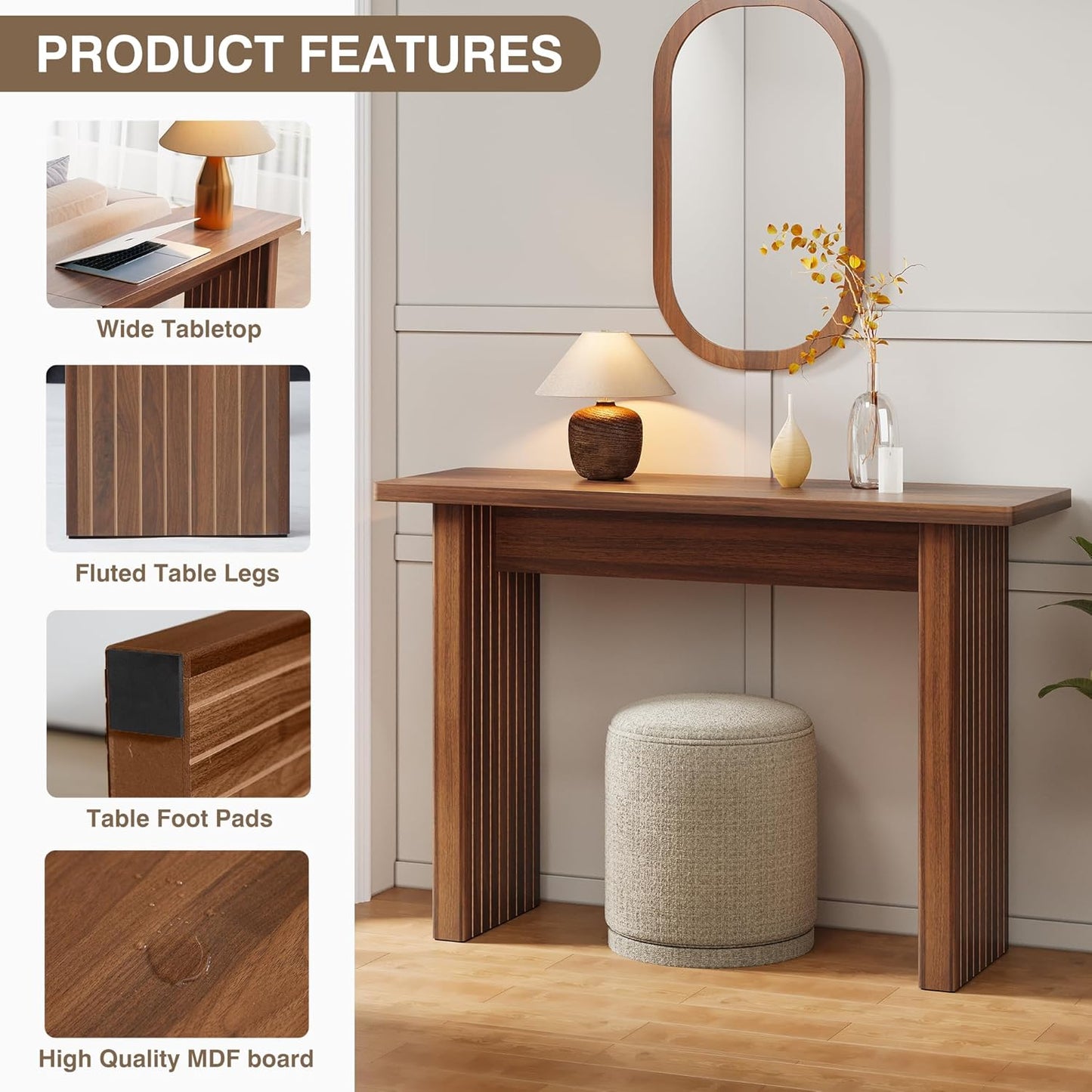 AVZEAR Mid Century Narrow Entryway Console Table, 43.3" Fluted Wood Couch Table Behind Sofa Long and Skinny for Living Room Hallway Entrance Foyer, Walnut