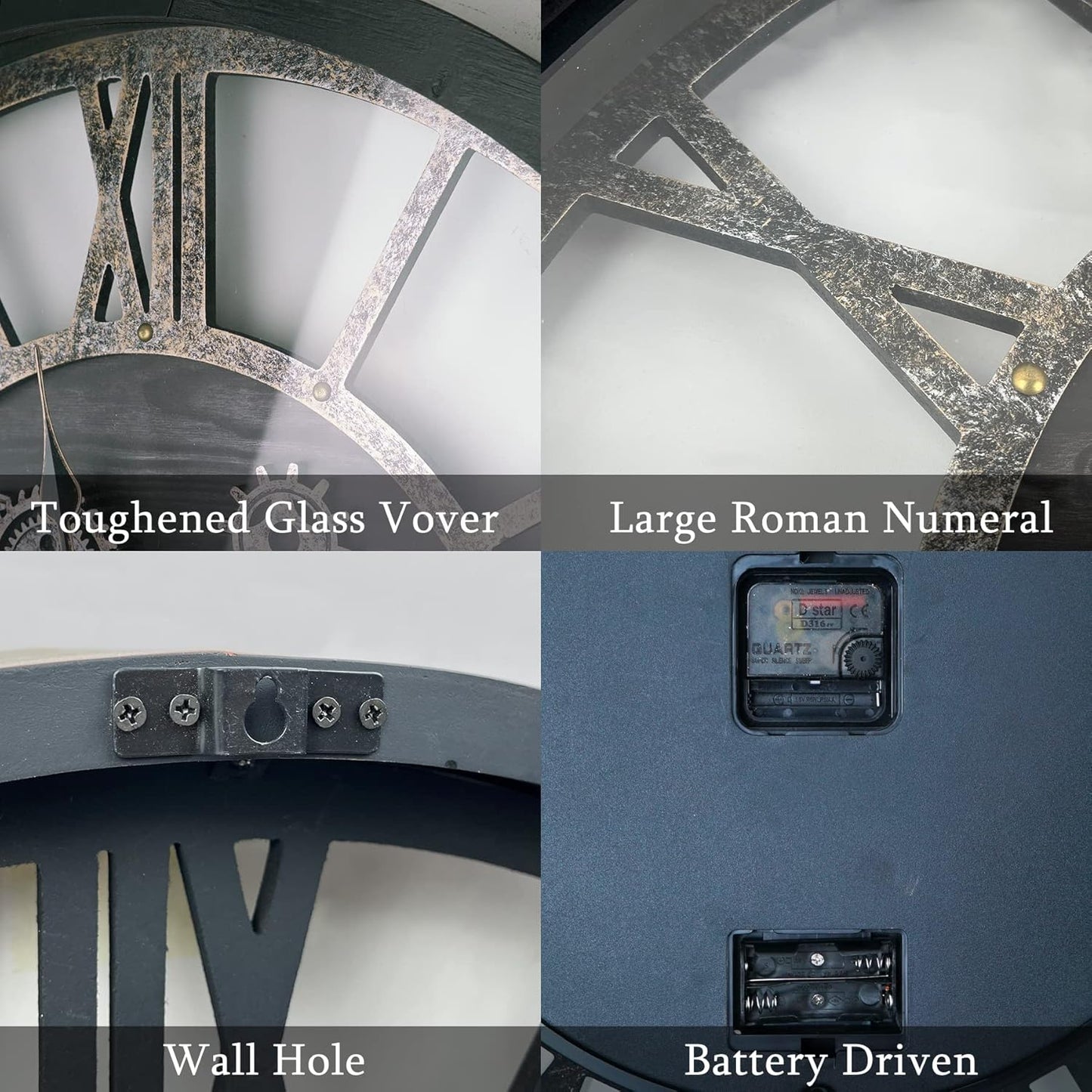 30 Inch Industrial Steampunk Wall Clock, Oversized Solid Wood Frame, Battery Operated, Large Wall Clock with Real Rotating Gears, Black