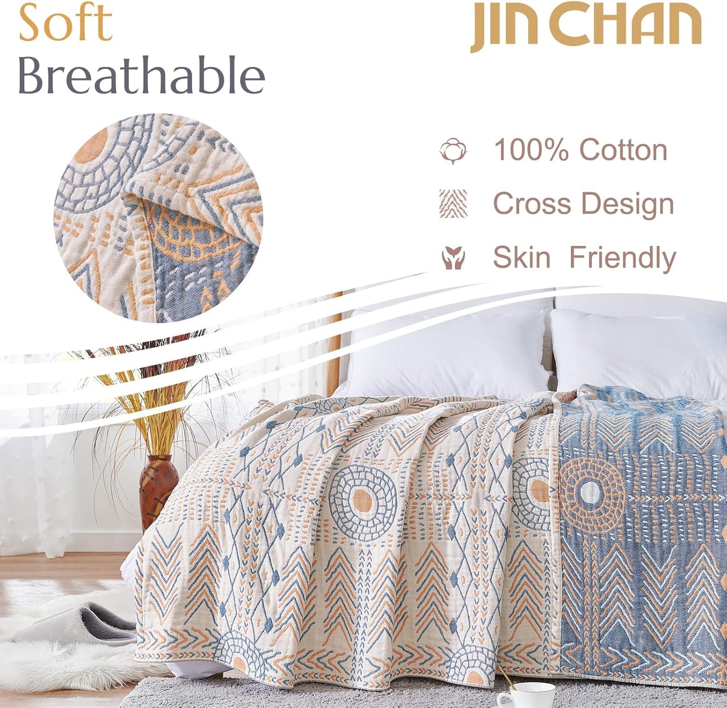 jinchan Boho 100% Cotton Muslin Twin Size 60x80 Throw Blanket Lightweight 4-Layer Orange Reversible Blanket Washable Breathable Geometric Striped Pattern Soft Comfy for Couch Bed Decor All Seasons