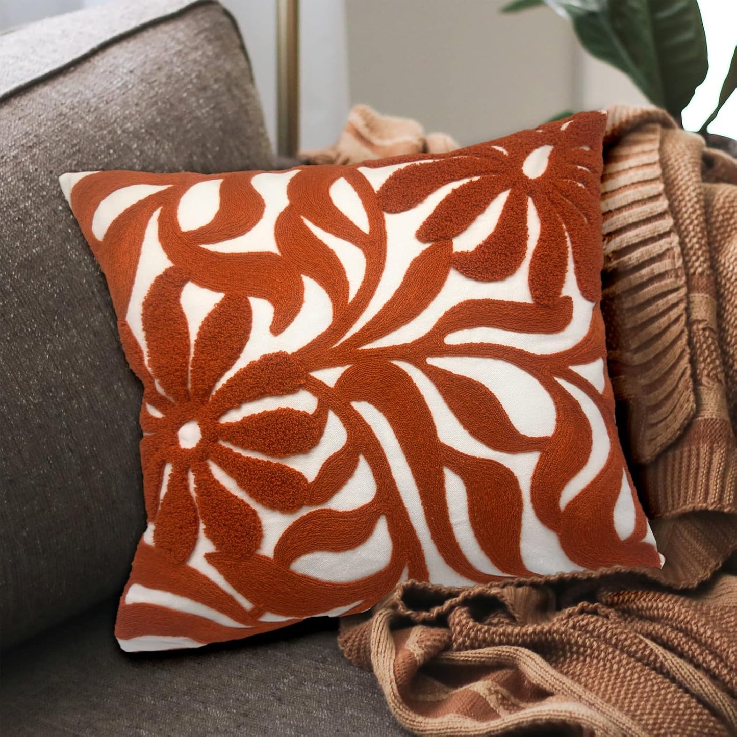 Alysheer Farmhouse Floral Leaves Embroidered Decorative Throw Pillow Cover 18x18 inches, Boho Tufted Flowers Embroidery Pattern Chic Cotton Cushion Case for Couch Bed Sofa Living Room(Burnt Orange)